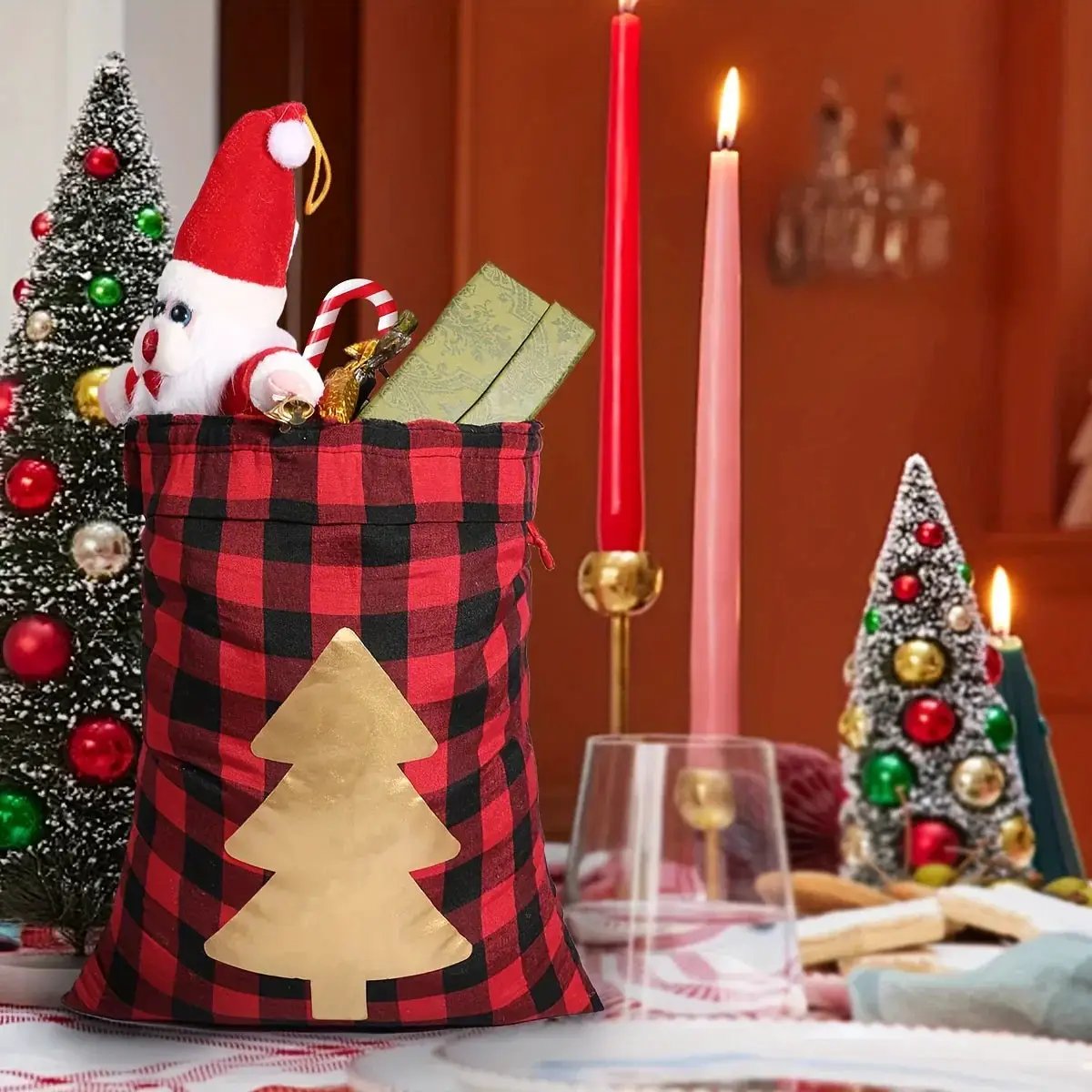 Polyester Christmas Gift Bags with Drawstring - Red & Checkered Medium Size by House Of Avana