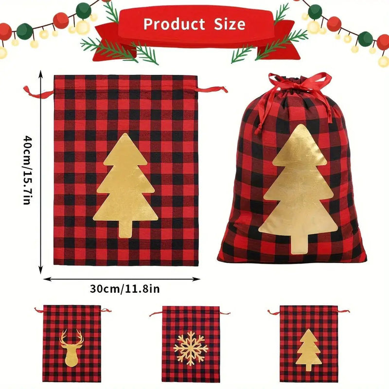 Polyester Christmas Gift Bags with Drawstring - Red & Checkered Medium Size by House Of Avana