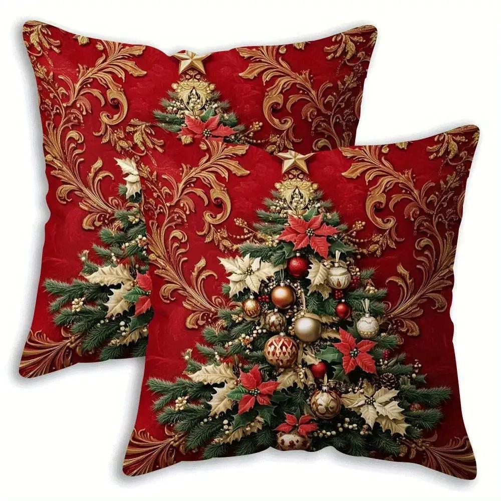 Polyester Christmas Throw Pillow Covers - Red with Golden Ornament & Zipper by House Of Avana