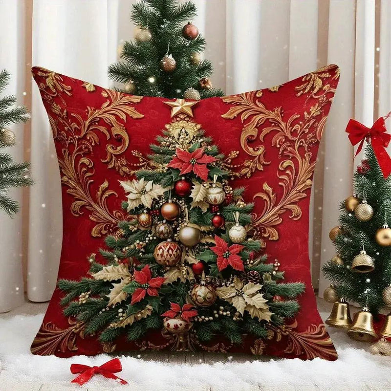 Polyester Christmas Throw Pillow Covers - Red with Golden Ornament & Zipper by House Of Avana