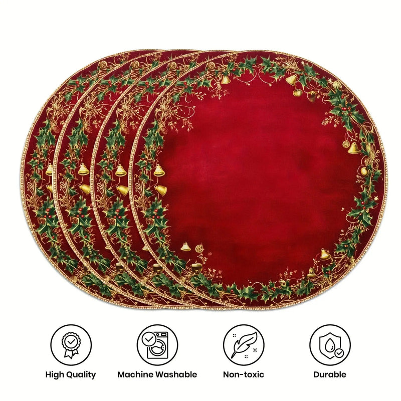 Polyester Placemats 4pcs Red & Golden 38.1cm Round Table Mats with Leaf Pattern by House Of Avana
