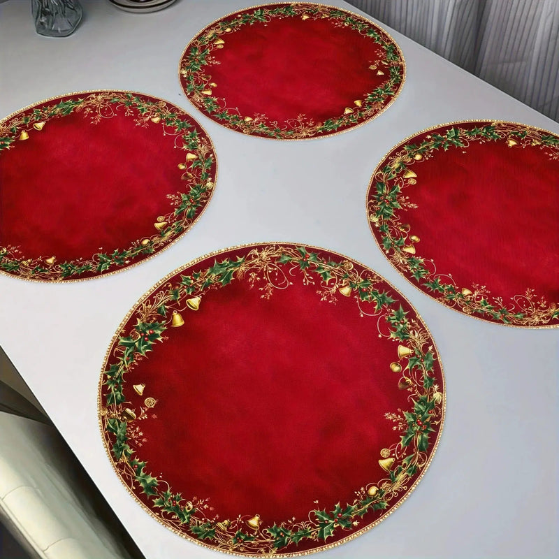 Polyester Placemats 4pcs Red & Golden 38.1cm Round Table Mats with Leaf Pattern by House Of Avana