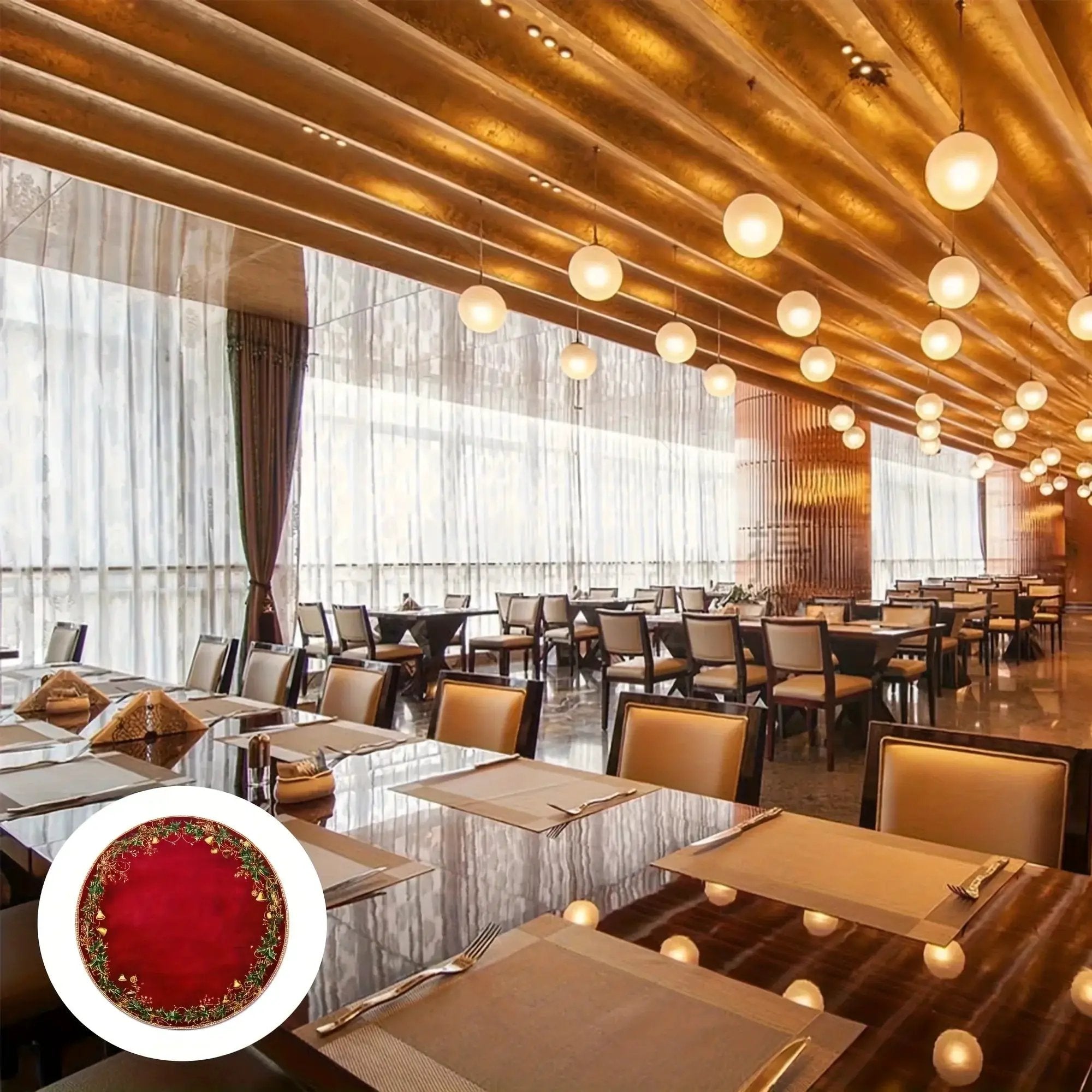 Polyester Placemats 4pcs Red & Golden 38.1cm Round Table Mats with Leaf Pattern by House Of Avana