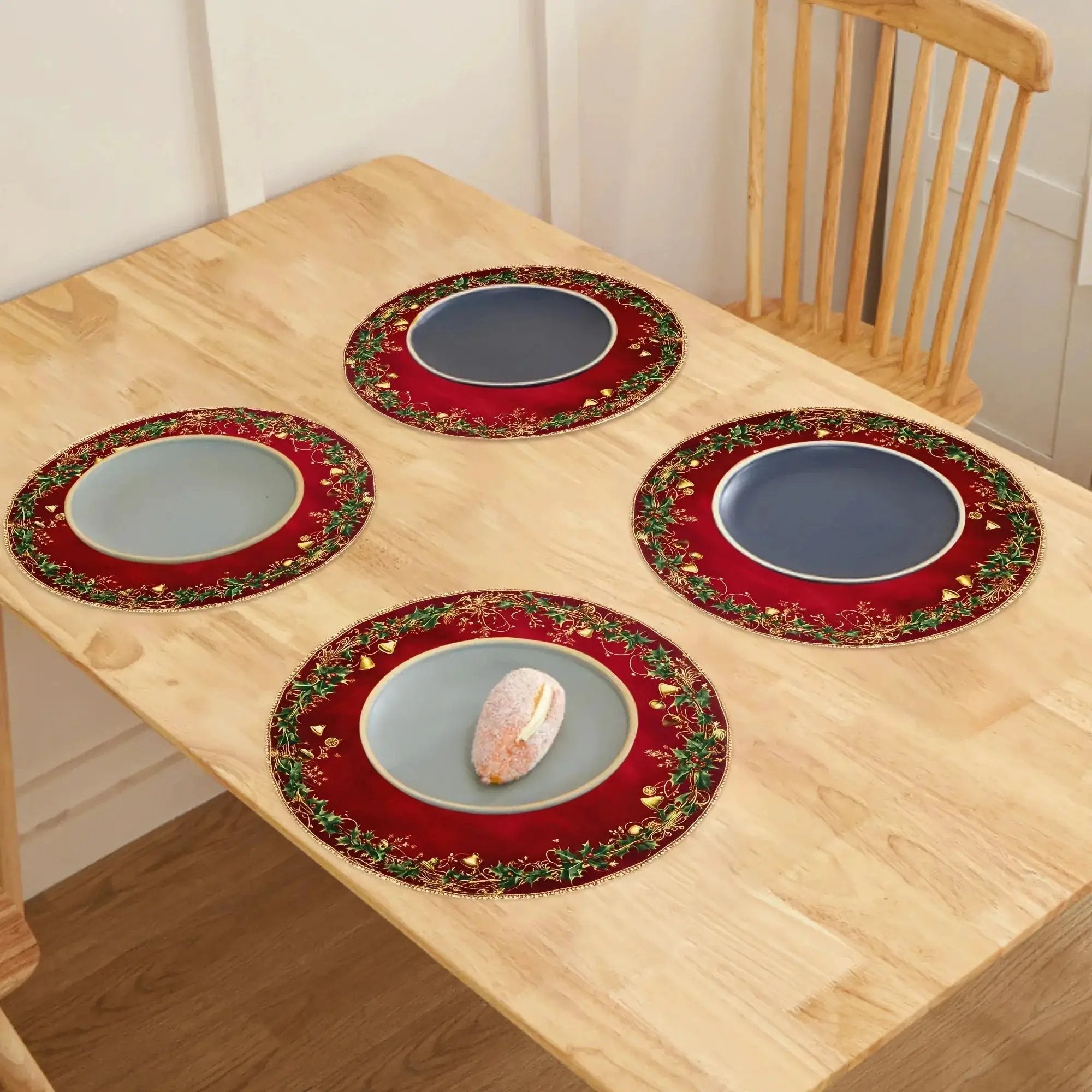 Polyester Placemats 4pcs Red & Golden 38.1cm Round Table Mats with Leaf Pattern by House Of Avana