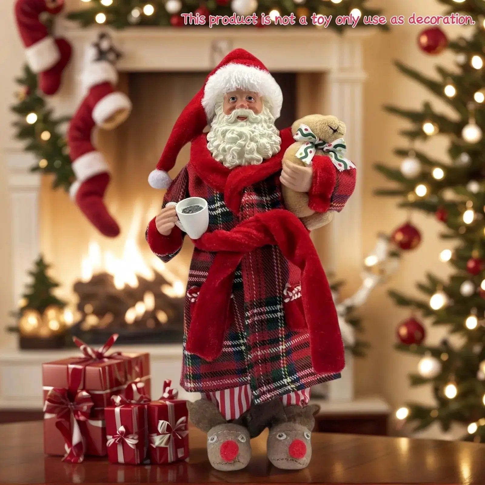 Polyester Santa Claus Figurine 11" with Red & Green Plaid and Teddy Bear by House Of Avana