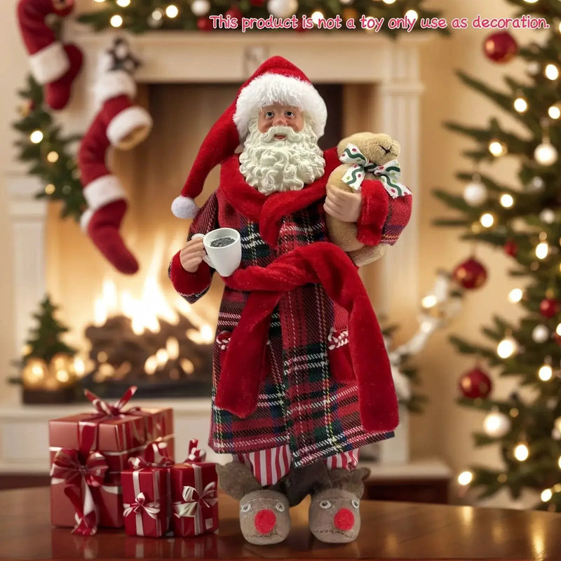 Polyester Santa Claus Figurine 11" with Red & Green Plaid and Teddy Bear by House Of Avana