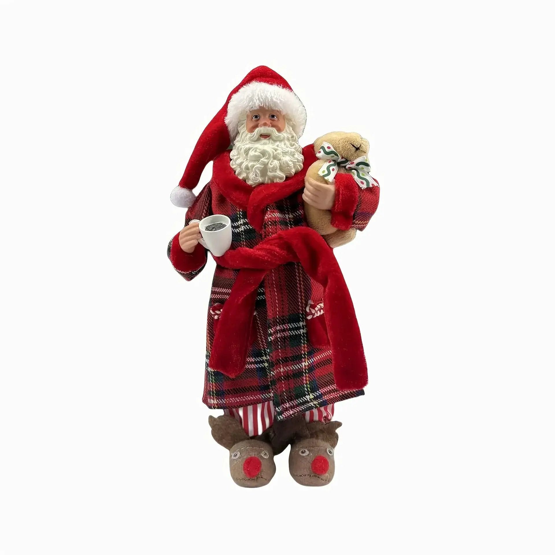 Polyester Santa Claus Figurine 11" with Red & Green Plaid and Teddy Bear by House Of Avana