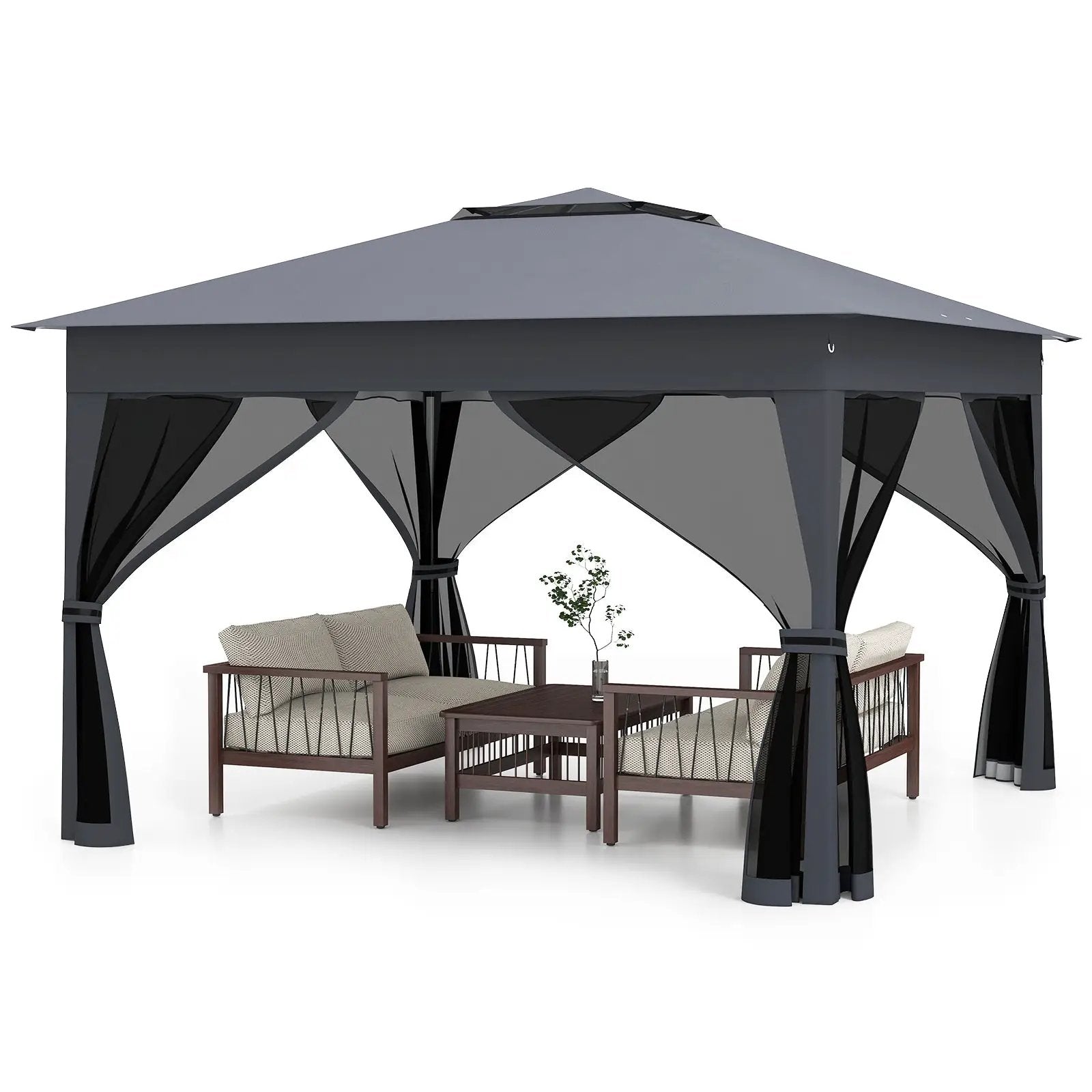 11 X 11 FT Pop Up Gazebo with Mesh Netting and Double Roof-Gray by DirectDeals