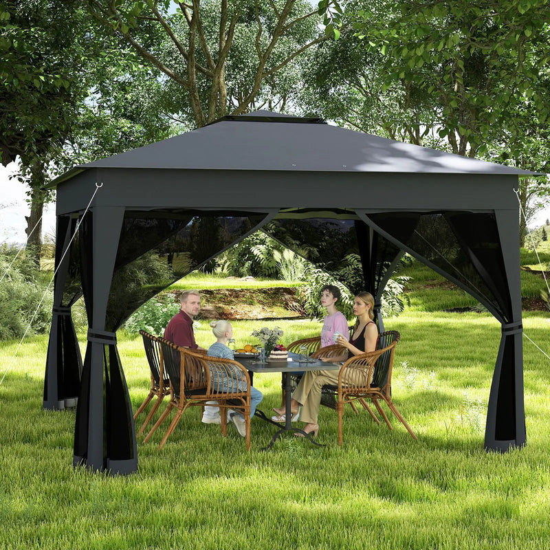 11 X 11 FT Pop Up Gazebo with Mesh Netting and Double Roof-Gray by DirectDeals