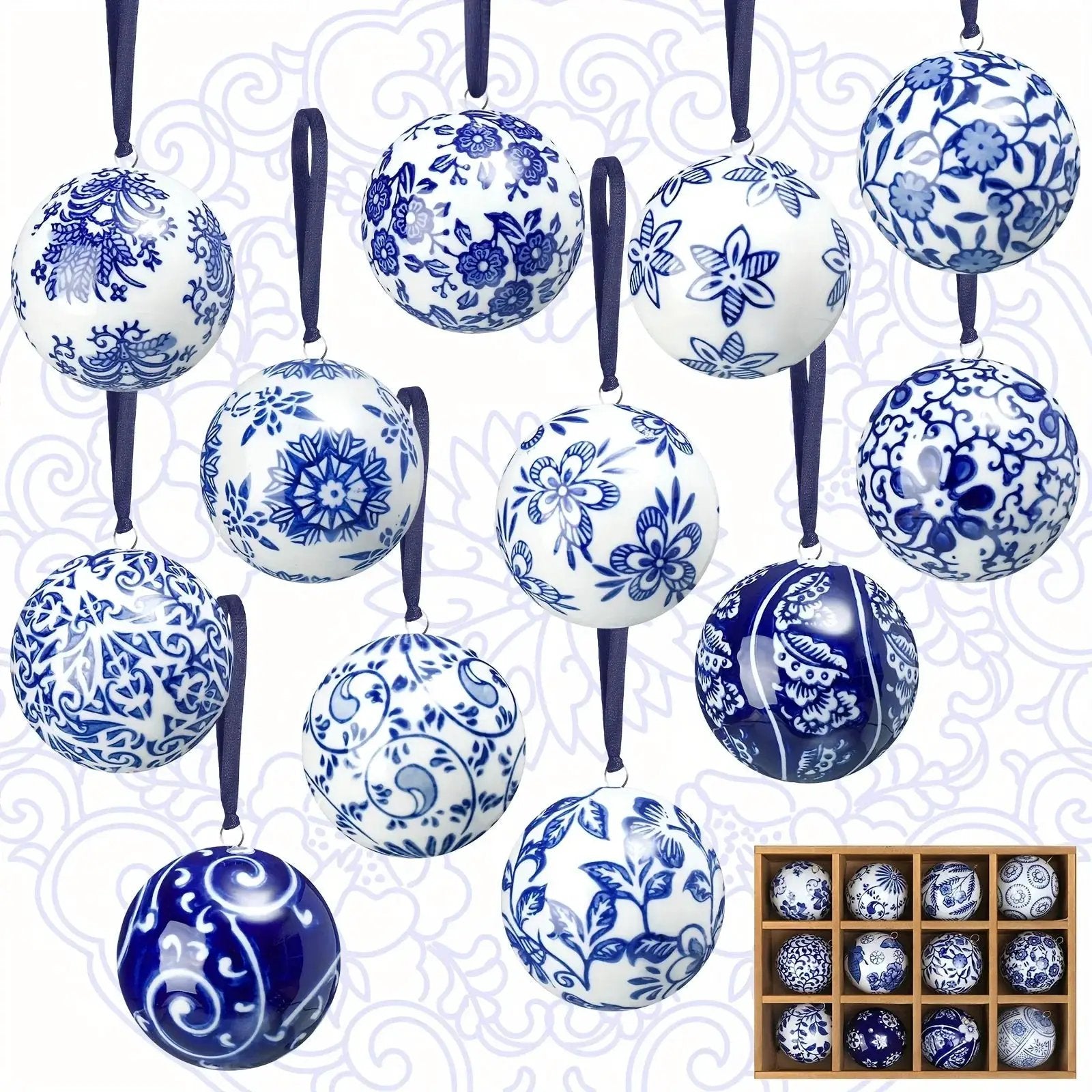 Porcelain Christmas Decor Set of 12 Blue and White Ornaments by House Of Avana