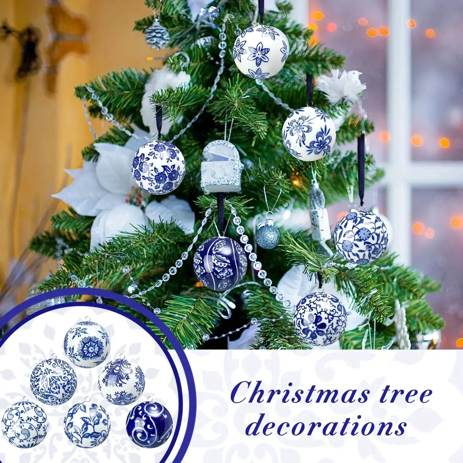 Porcelain Christmas Decor Set of 12 Blue and White Ornaments by House Of Avana
