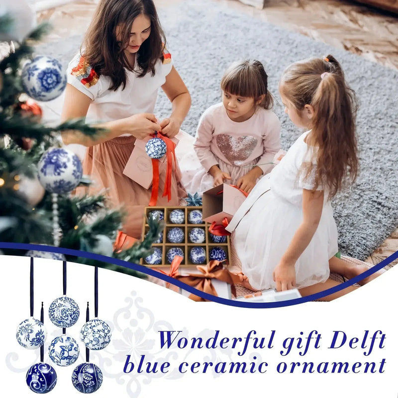 Porcelain Christmas Decor Set of 12 Blue and White Ornaments by House Of Avana