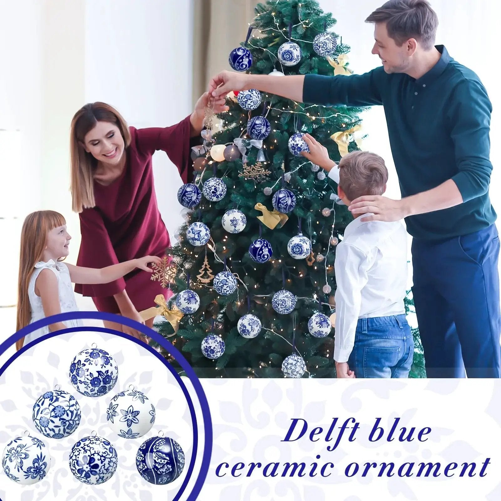 Porcelain Christmas Decor Set of 12 Blue and White Ornaments by House Of Avana