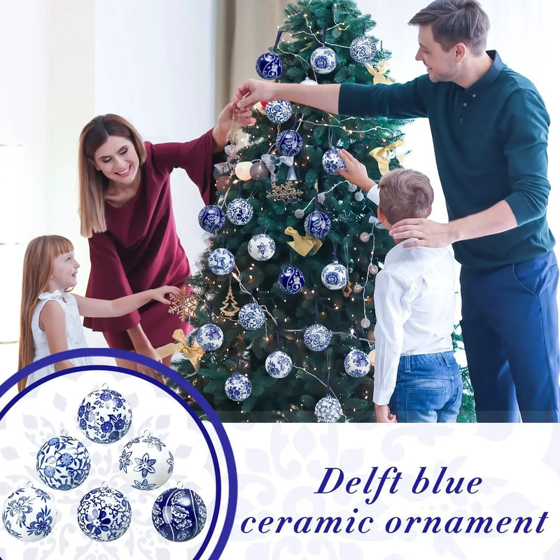 Porcelain Christmas Decor Set of 12 Blue and White Ornaments by House Of Avana