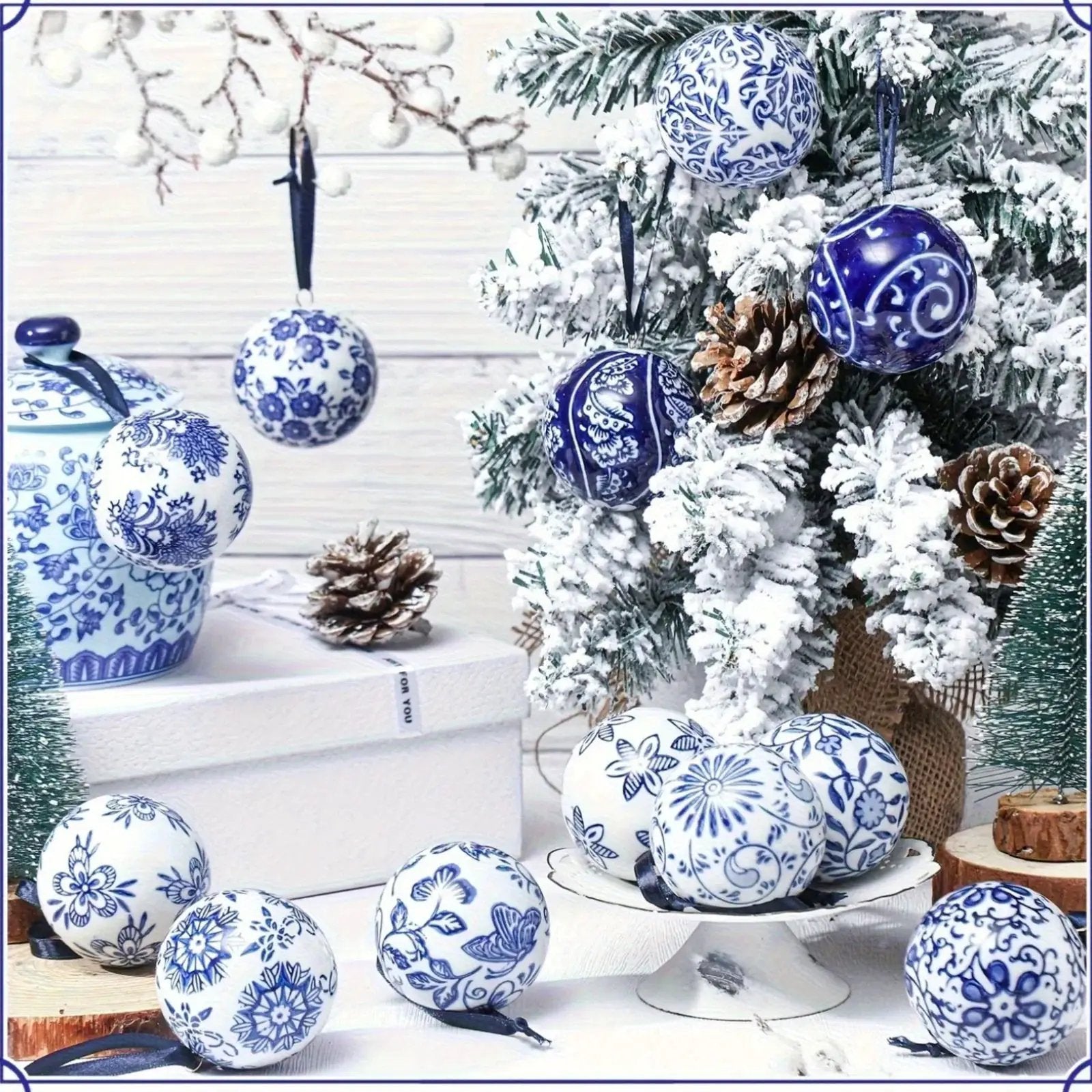 Porcelain Christmas Decor Set of 12 Blue and White Ornaments by House Of Avana