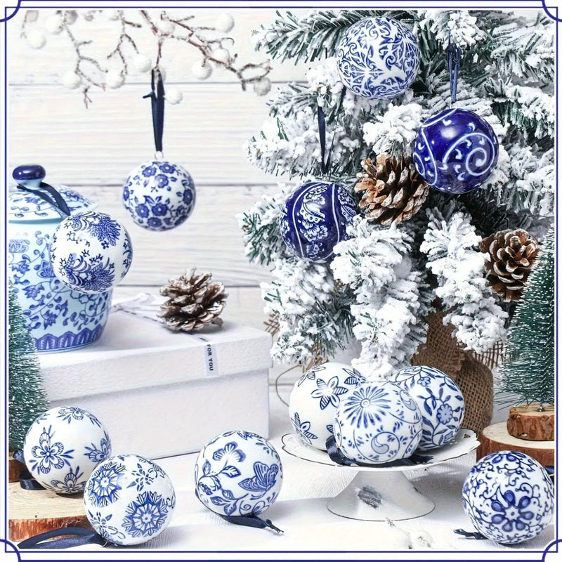 Porcelain Christmas Decor Set of 12 Blue and White Ornaments by House Of Avana