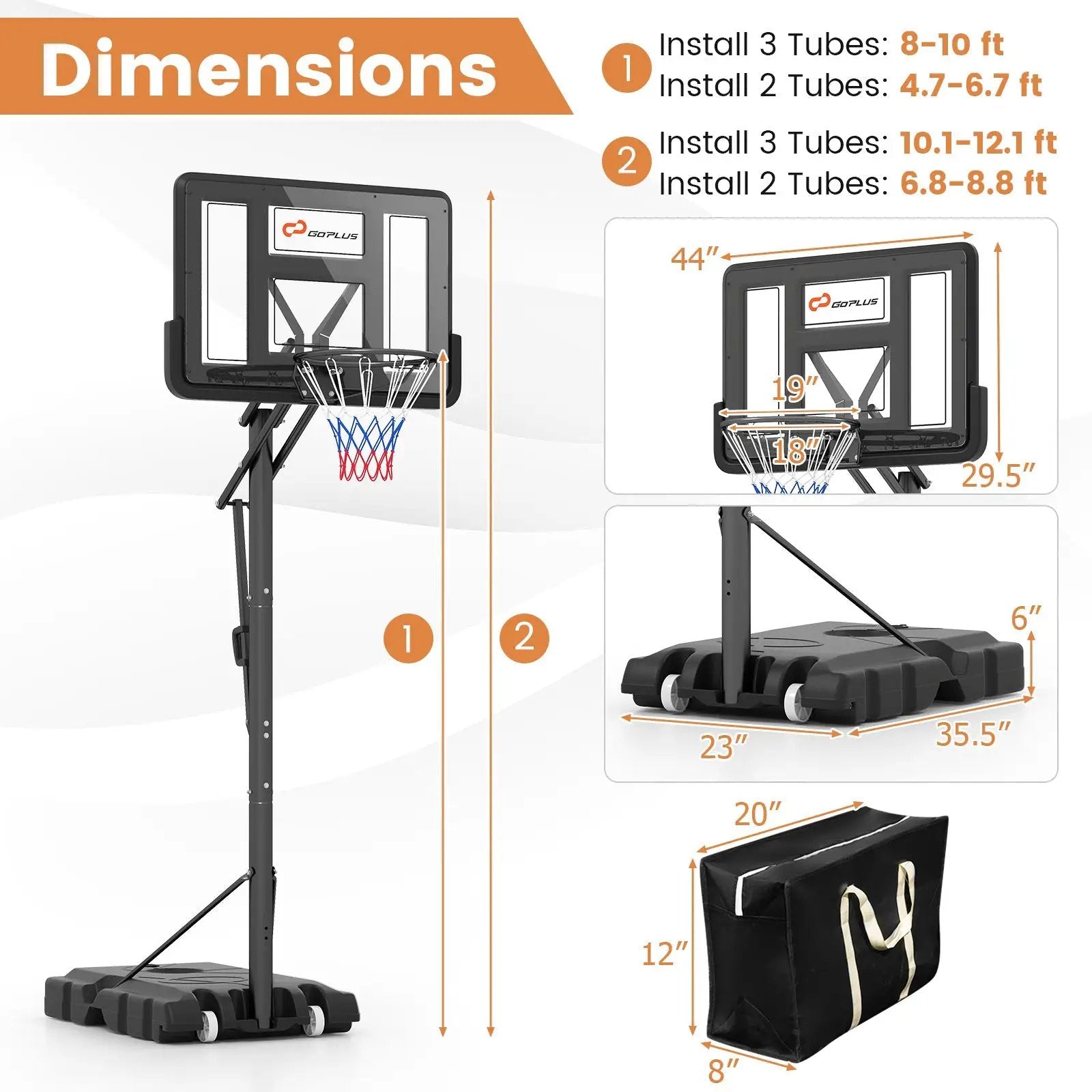 Portable Basketball Hoop with 4.6 to 10 Feet 10-Level Height Adjustable by DirectDeals