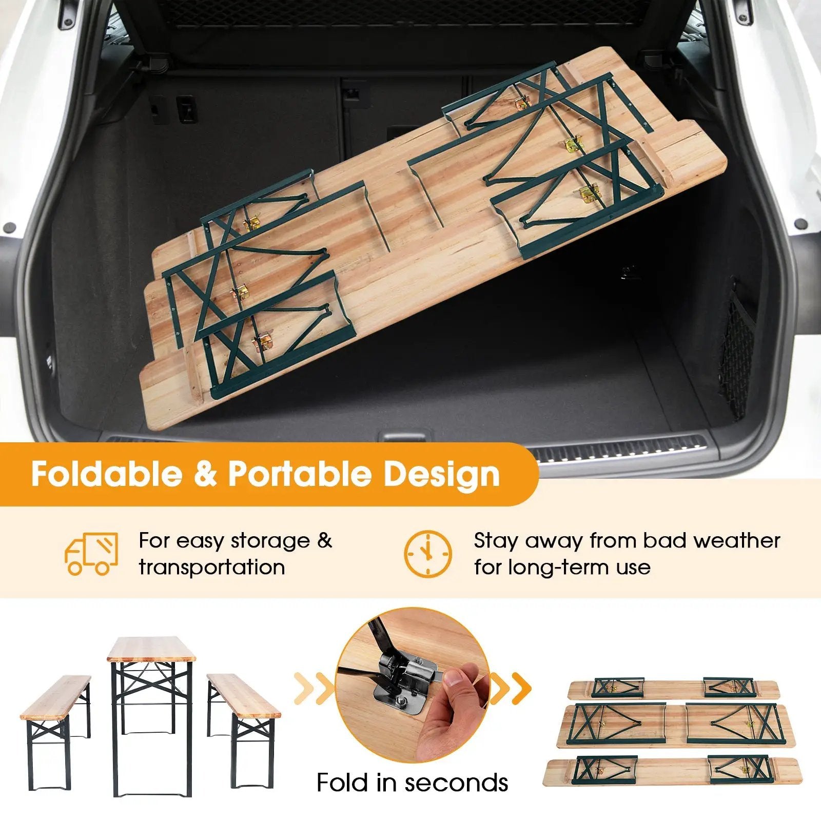 3 Pieces Folding Wooden Picnic Table Bench Set by DirectDeals