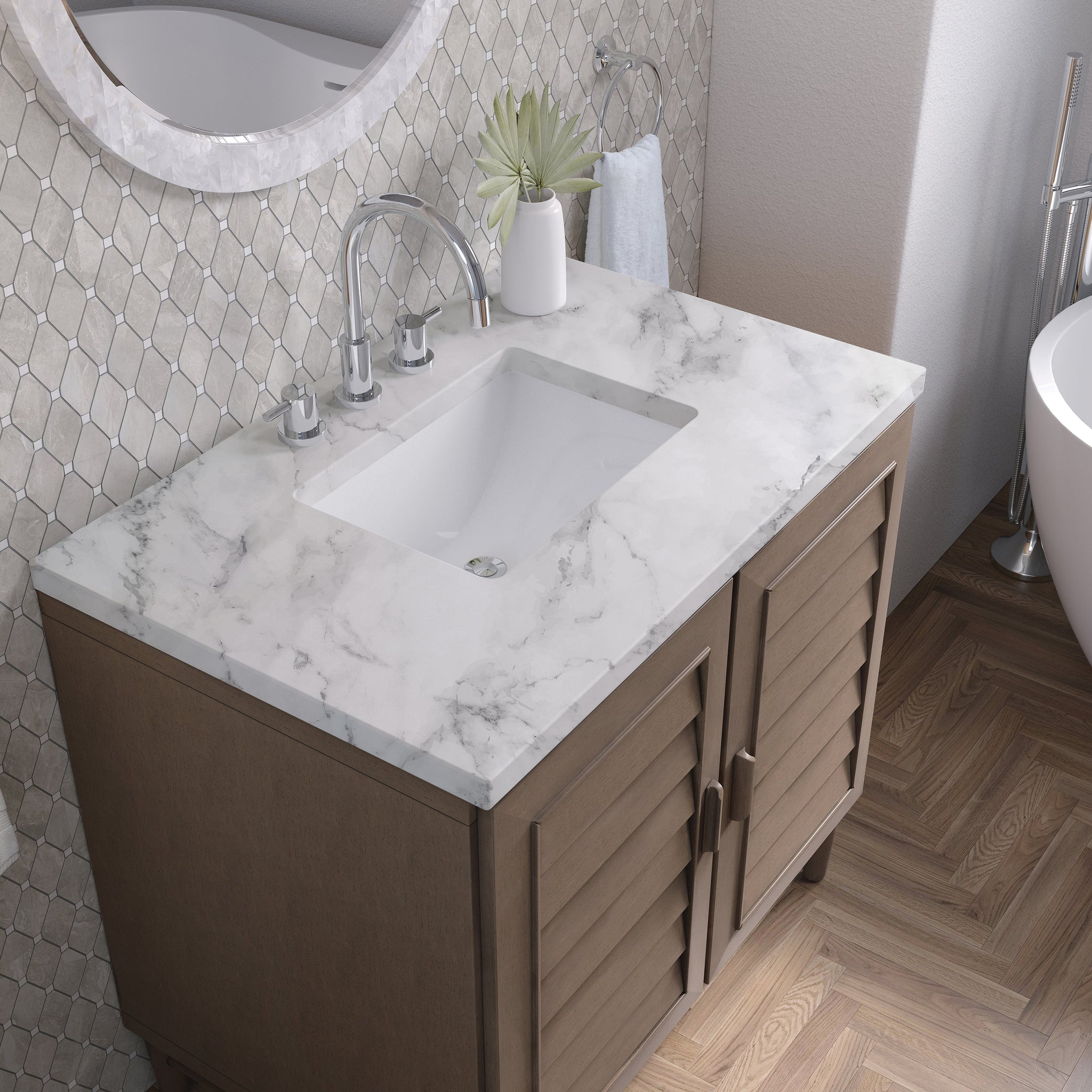 James Martin Portland 36" Single Bathroom Vanity, Whitewashed Walnut with Carrara White countertop