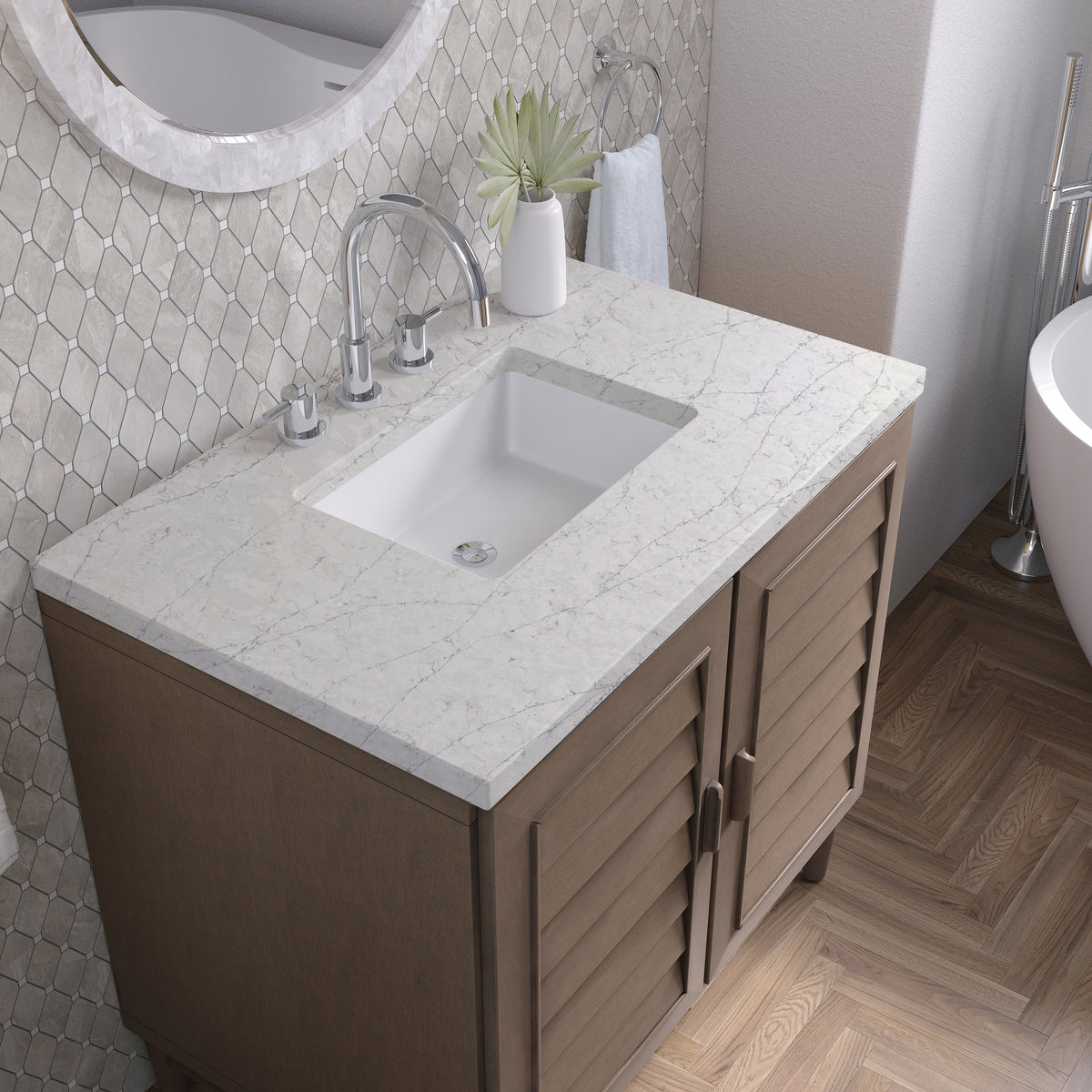 James Martin Portland 36" Single Bathroom Vanity, Whitewashed Walnut with Eternal Jasmine Pearl countertop