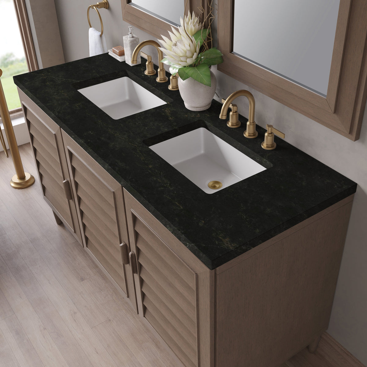 James Martin Portland 60" Double Bathroom Vanity, Whitewashed Walnut with Phantome countertop