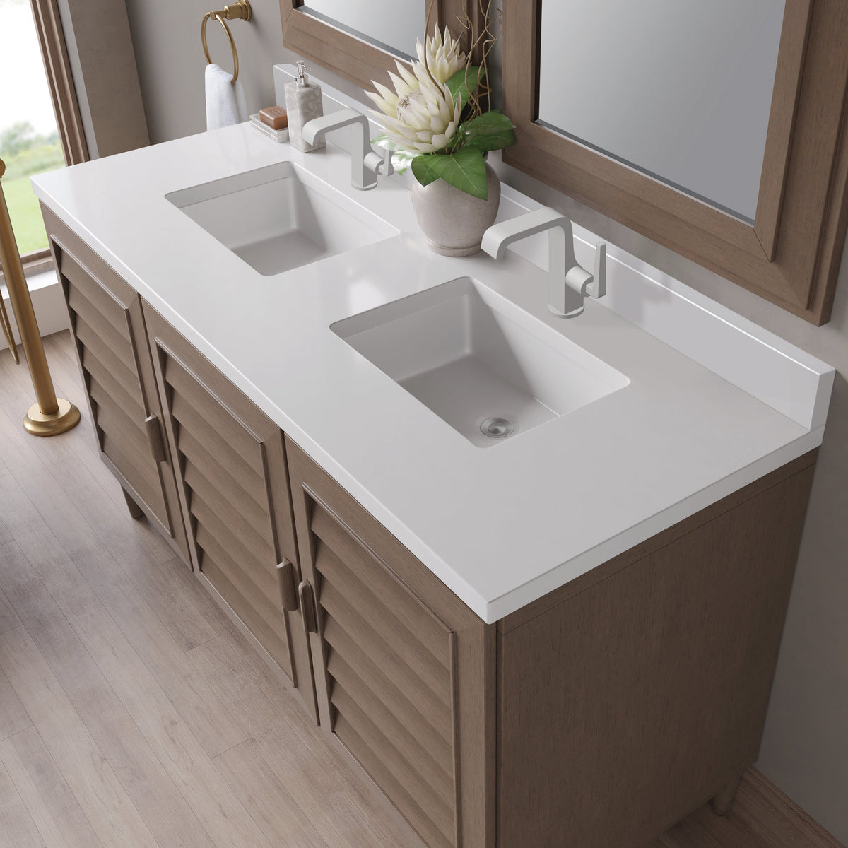 James Martin Portland 60" Double Bathroom Vanity, Whitewashed Walnut with White Zeus (Single Hole, with Backsplash) countertop