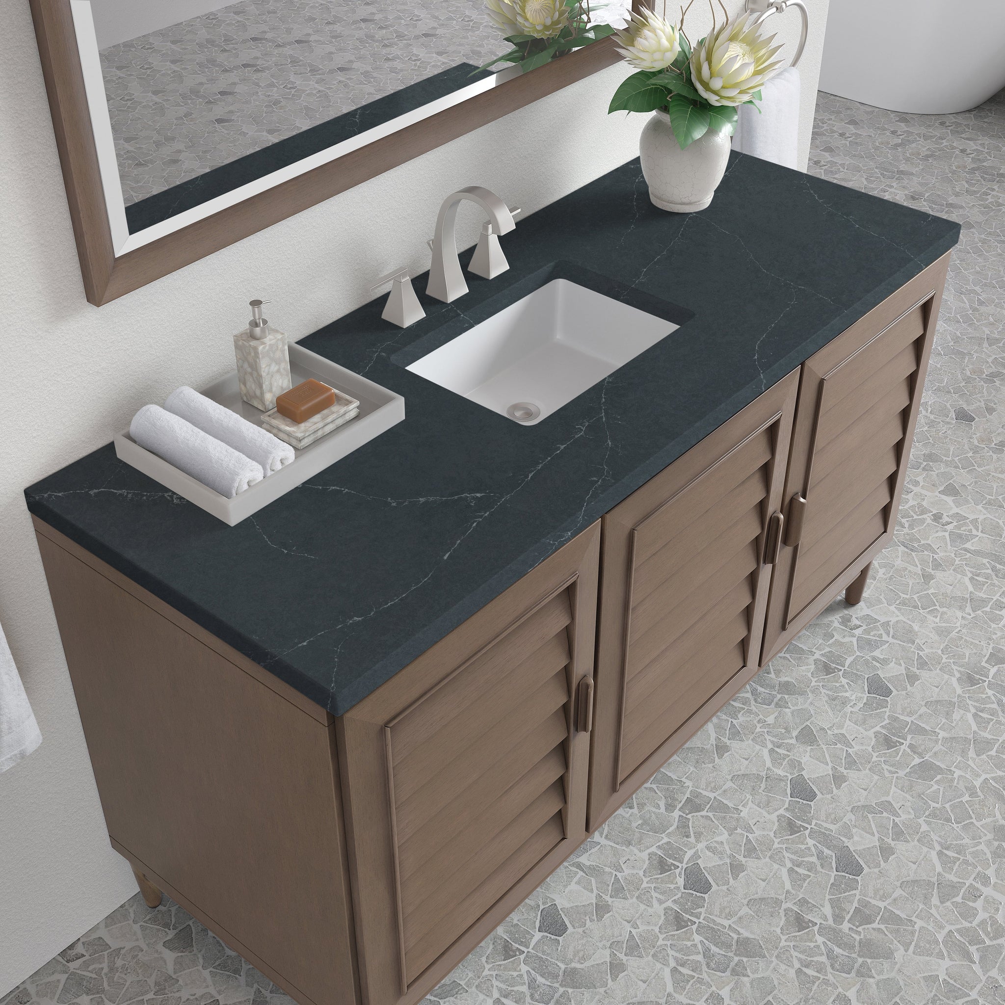 James Martin Portland 60" Single Bathroom Vanity, Whitewashed Walnut with Charcoal Soapstone countertop