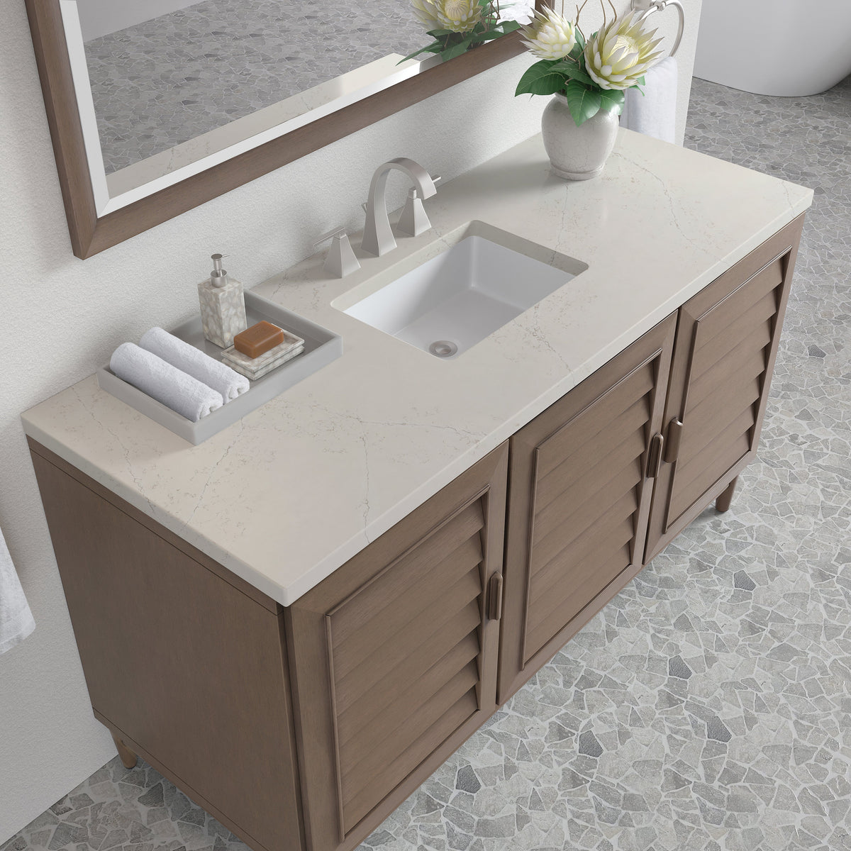 James Martin Portland 60" Single Bathroom Vanity, Whitewashed Walnut with Siberian countertop