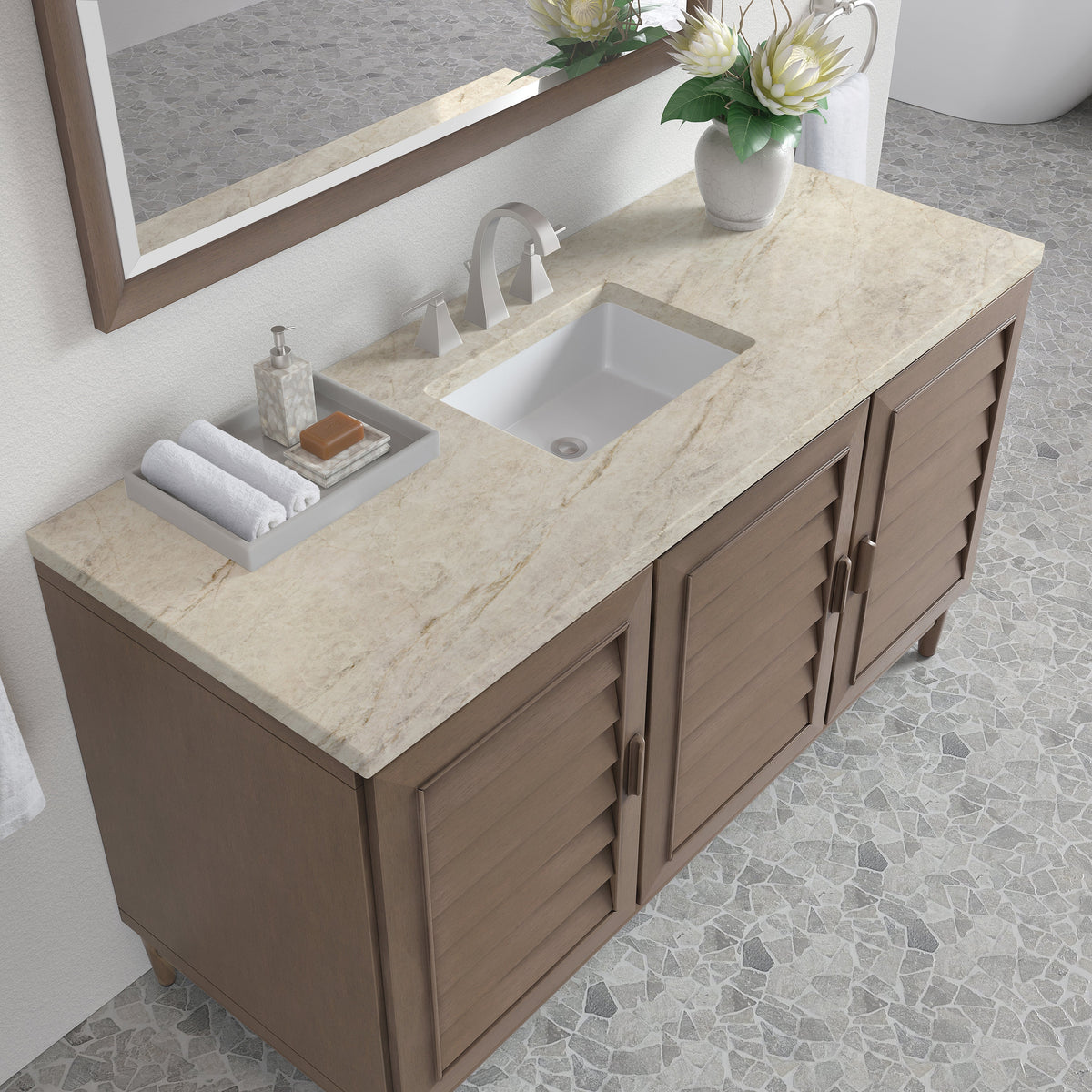 James Martin Portland 60" Single Bathroom Vanity, Whitewashed Walnut with Tajnar countertop