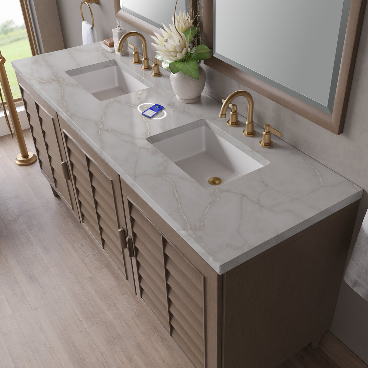 James Martin Portland 72" Double Bathroom Vanity, Whitewashed Walnut with Victorian Silver (FreePower) countertop