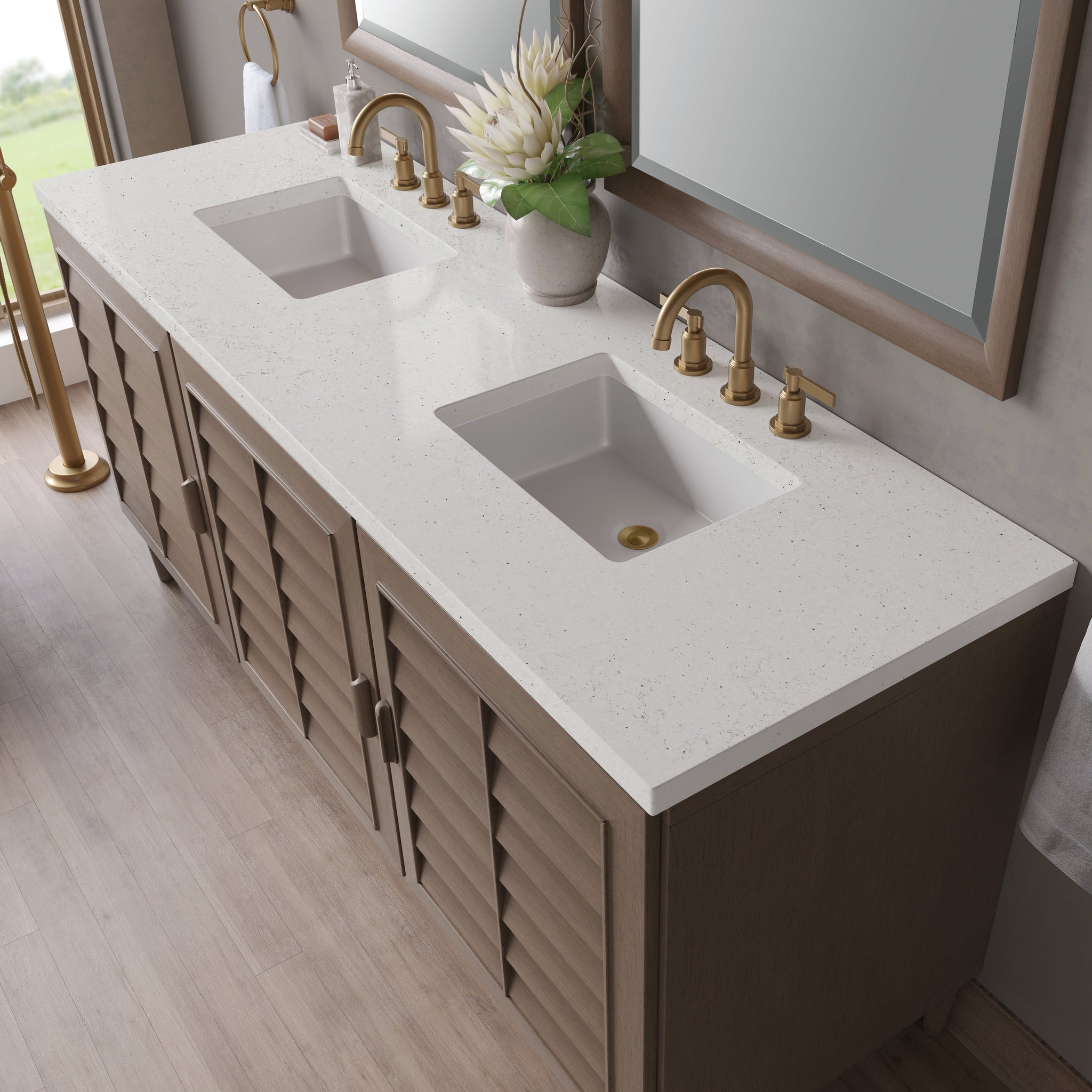 James Martin Portland 72" Double Bathroom Vanity, Whitewashed Walnut with Lime Delight countertop