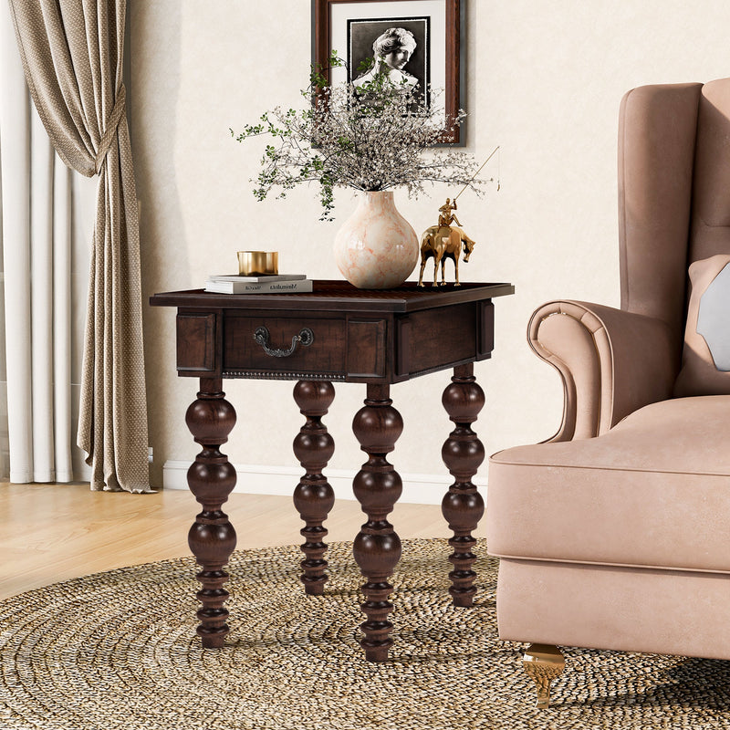 Solid Wood End Table with Drawer in Espresso Finish
