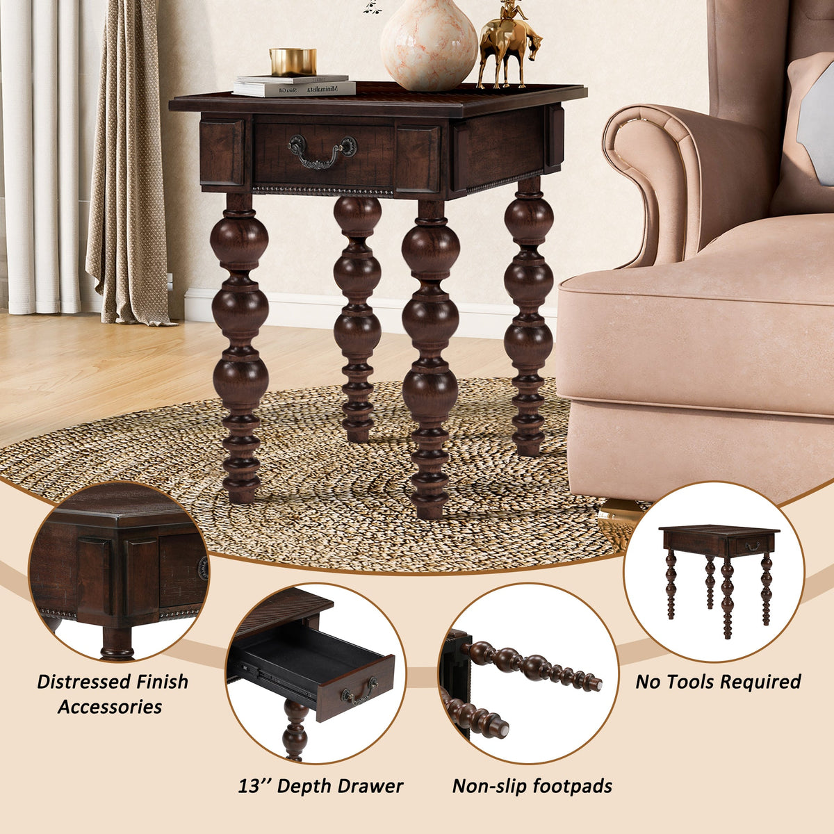 Solid Wood End Table with Drawer in Espresso Finish, photo 7 of 15