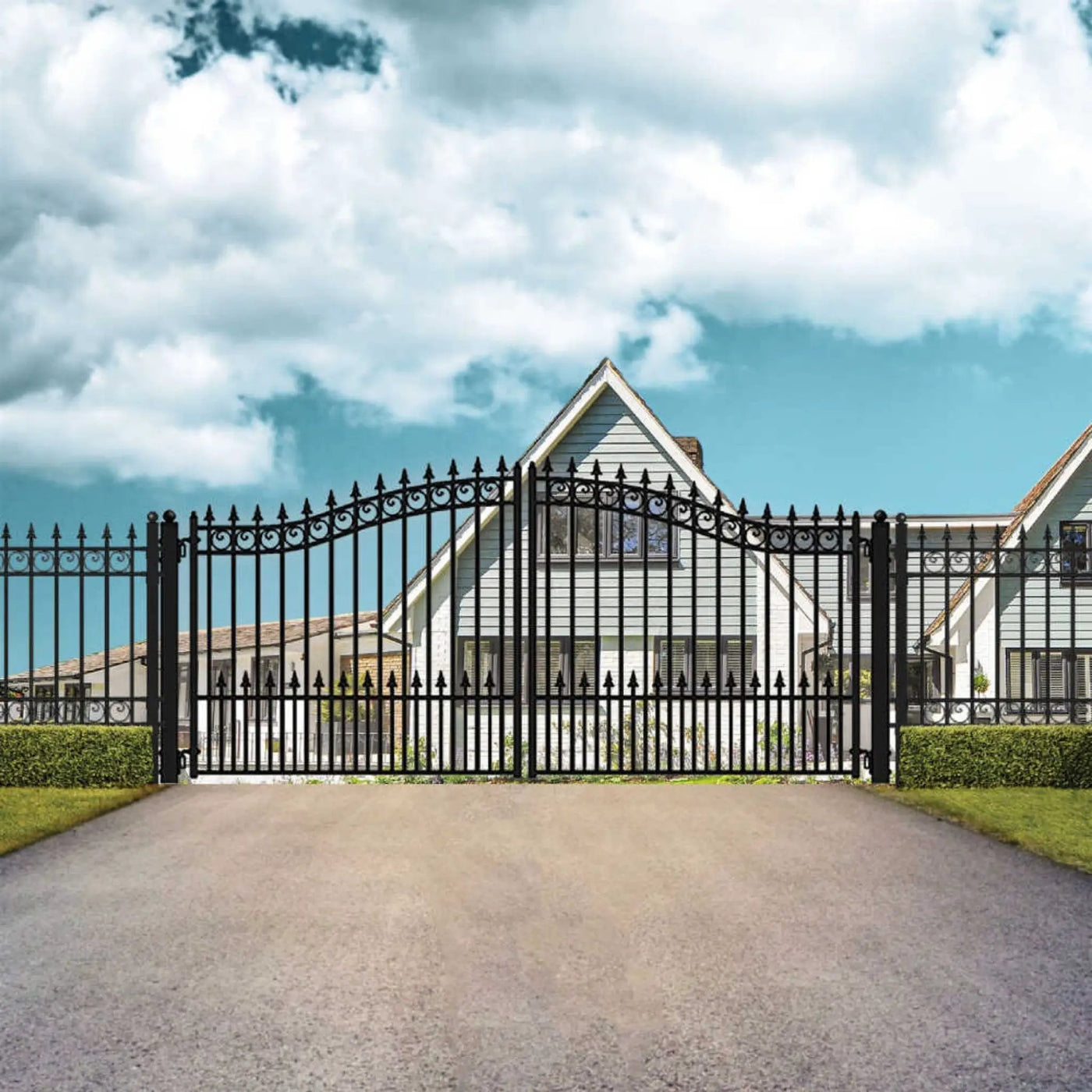 [12-18FT] Heavy-Duty Prague-Style Powder-Coated Galvanized Steel Dual Swing Driveway Gate (SAK48530) by SAKSBY WHOLESALE