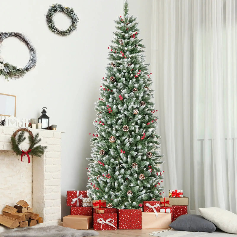 Pre-lit Artificial Pencil Christmas Tree with Pine Cones and Red Berries by DirectDeals