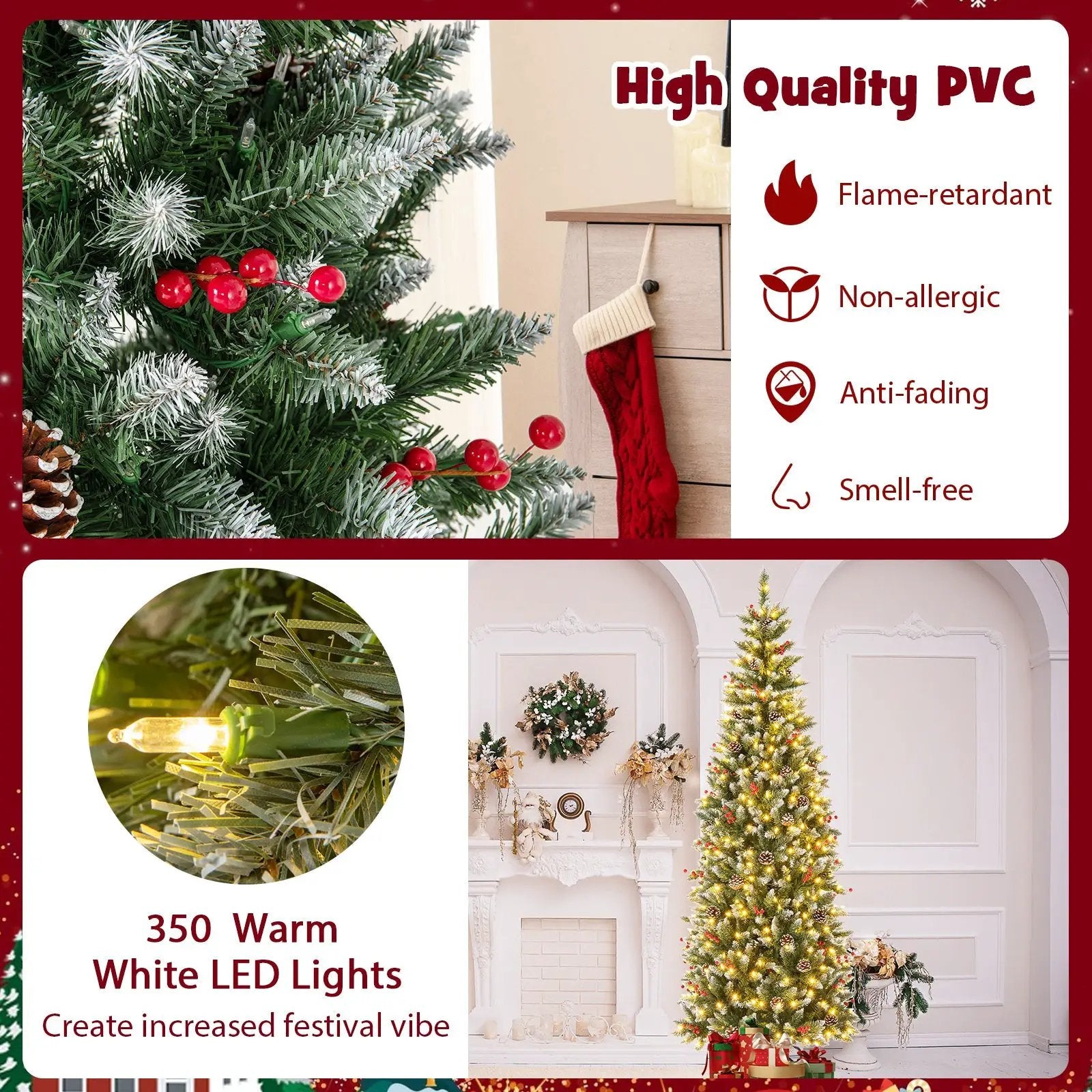 Pre-lit Artificial Pencil Christmas Tree with Pine Cones and Red Berries by DirectDeals