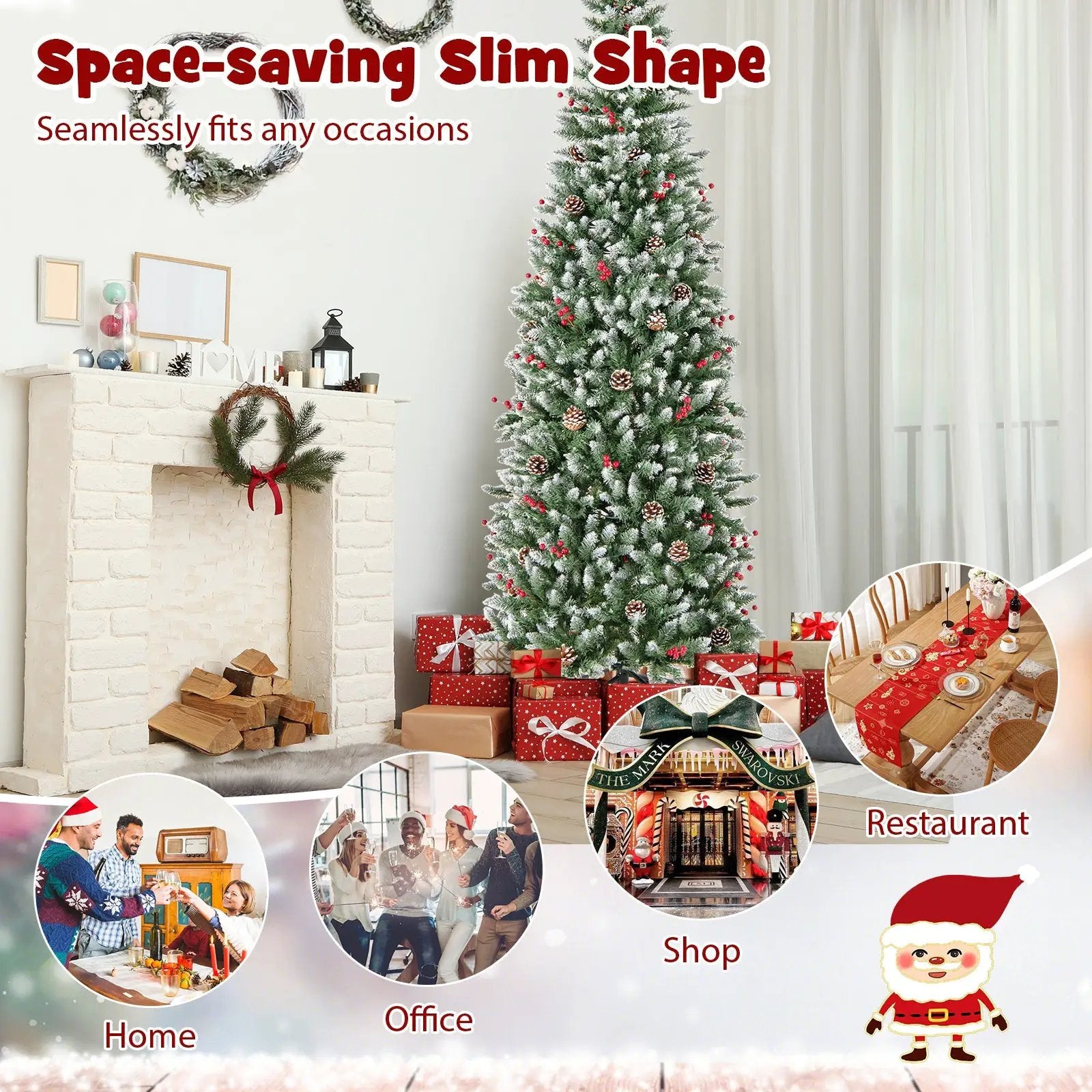 Pre-lit Artificial Pencil Christmas Tree with Pine Cones and Red Berries by DirectDeals