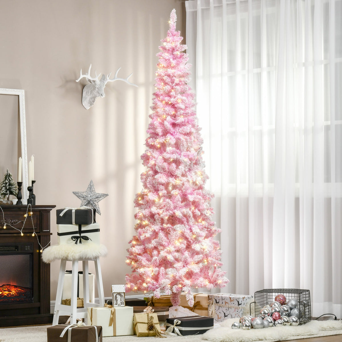 Prelit Snow Flocked Artificial Christmas Tree with LED Lights - Pink, 7.5ft, photo 8 of 10