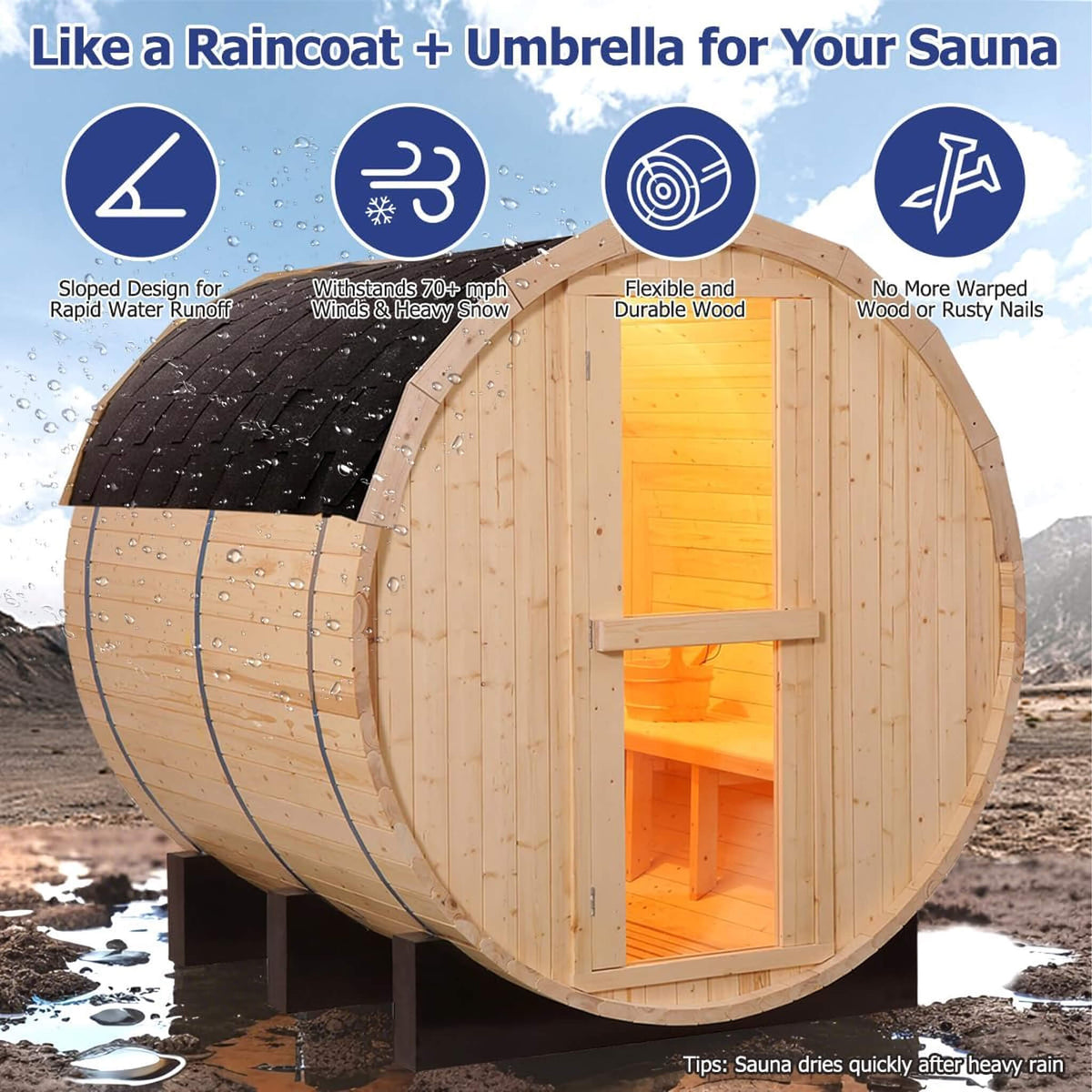 Thermora Haven Premium All-Weather Outdoor Pinewood Barrel Sauna Kit With 4.5KW Heater And Tempered Glass Window (SAK91462) by SAKSBY WHOLESALE