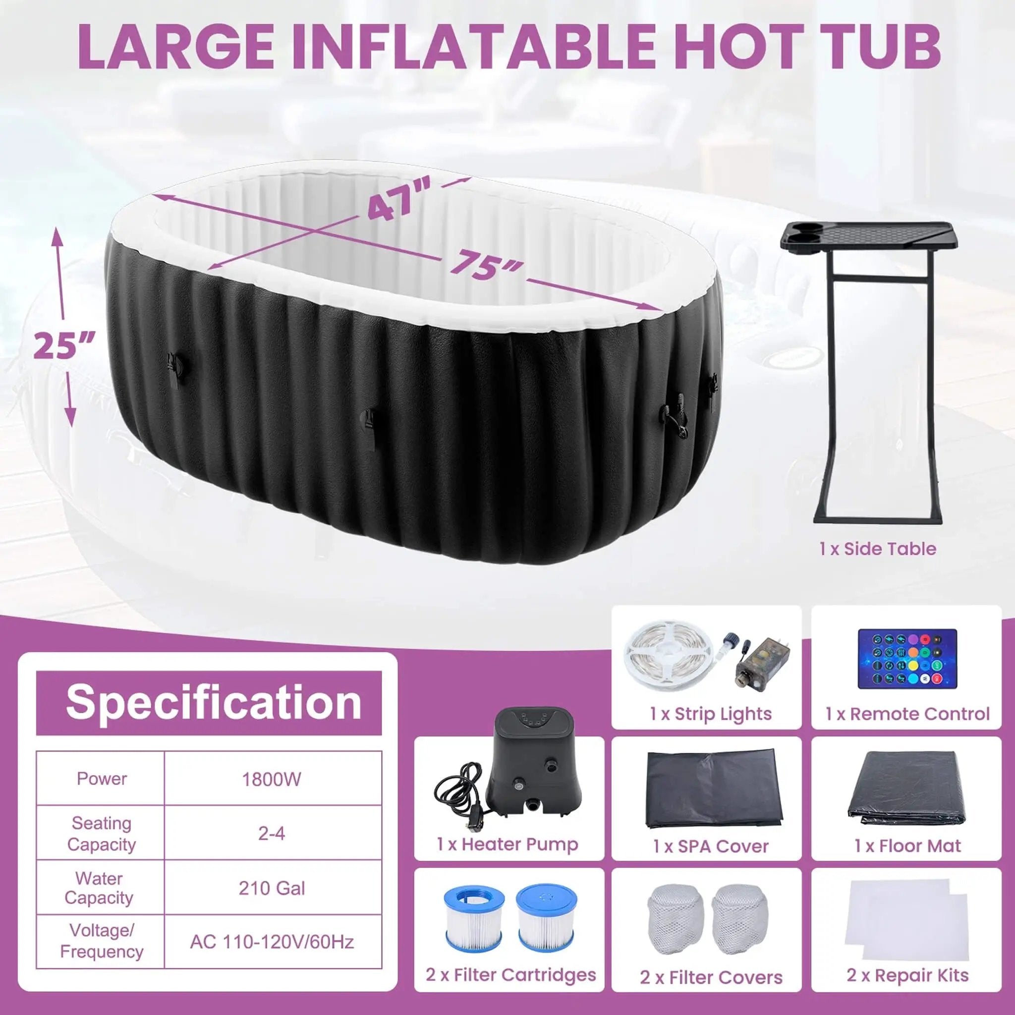 Premium 2-Person Inflatable Hot Tub Kit With 8-Color LED Lights (SAK98431) by SAKSBY WHOLESALE