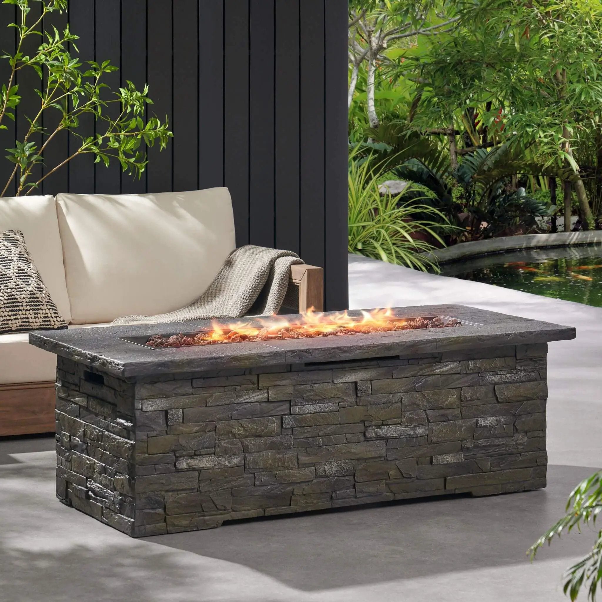 Alora Premium 56" Outdoor Rectangular Concrete Propane Fire Pit W/ Faux Stone Pattern, 50K BTU (SAK31845) by SAKSBY WHOLESALE