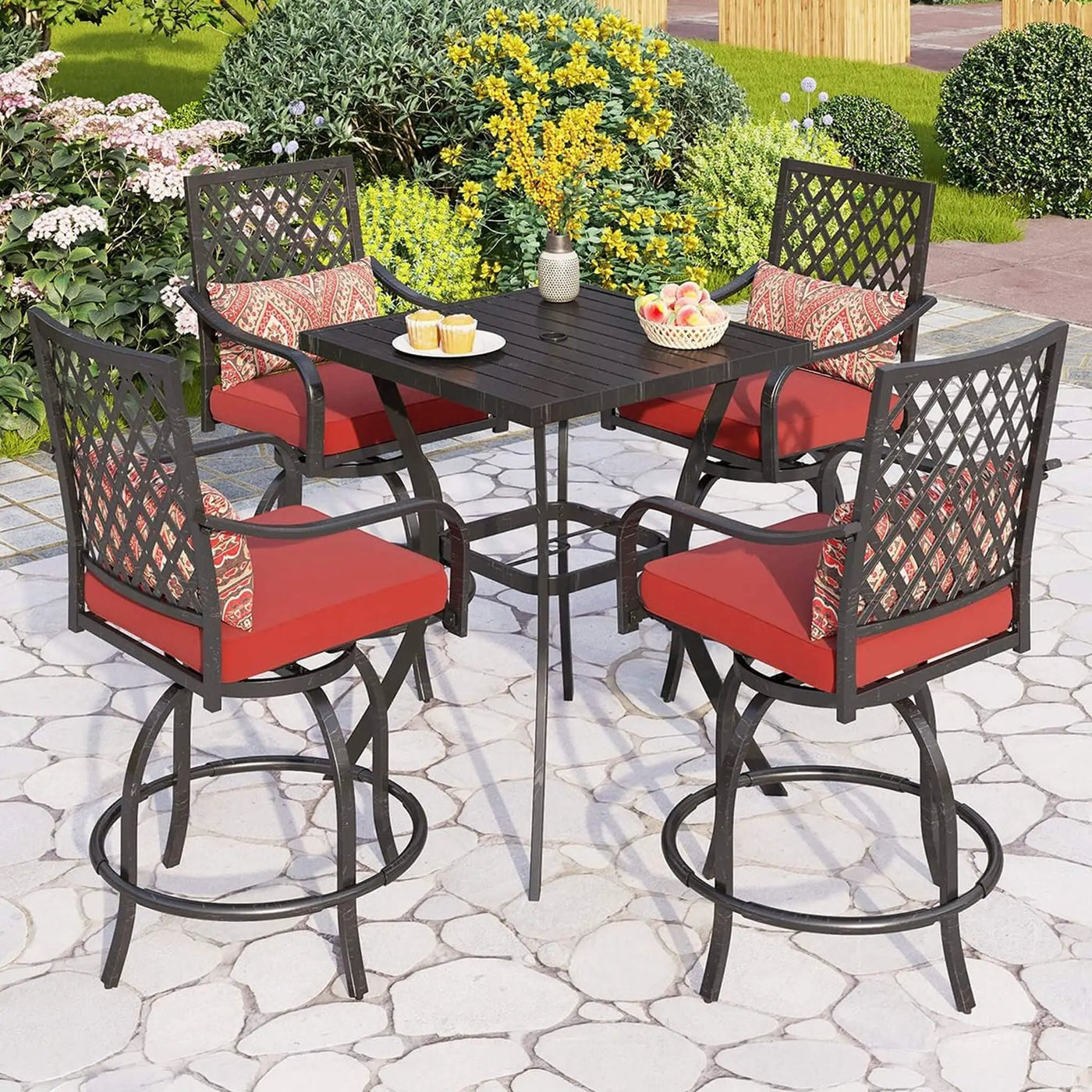 Alora Premium 6-Piece Bar Patio Furniture Set With Umbrella, Swivel Chairs, And Cushions (SAK90375) by SAKSBY WHOLESALE