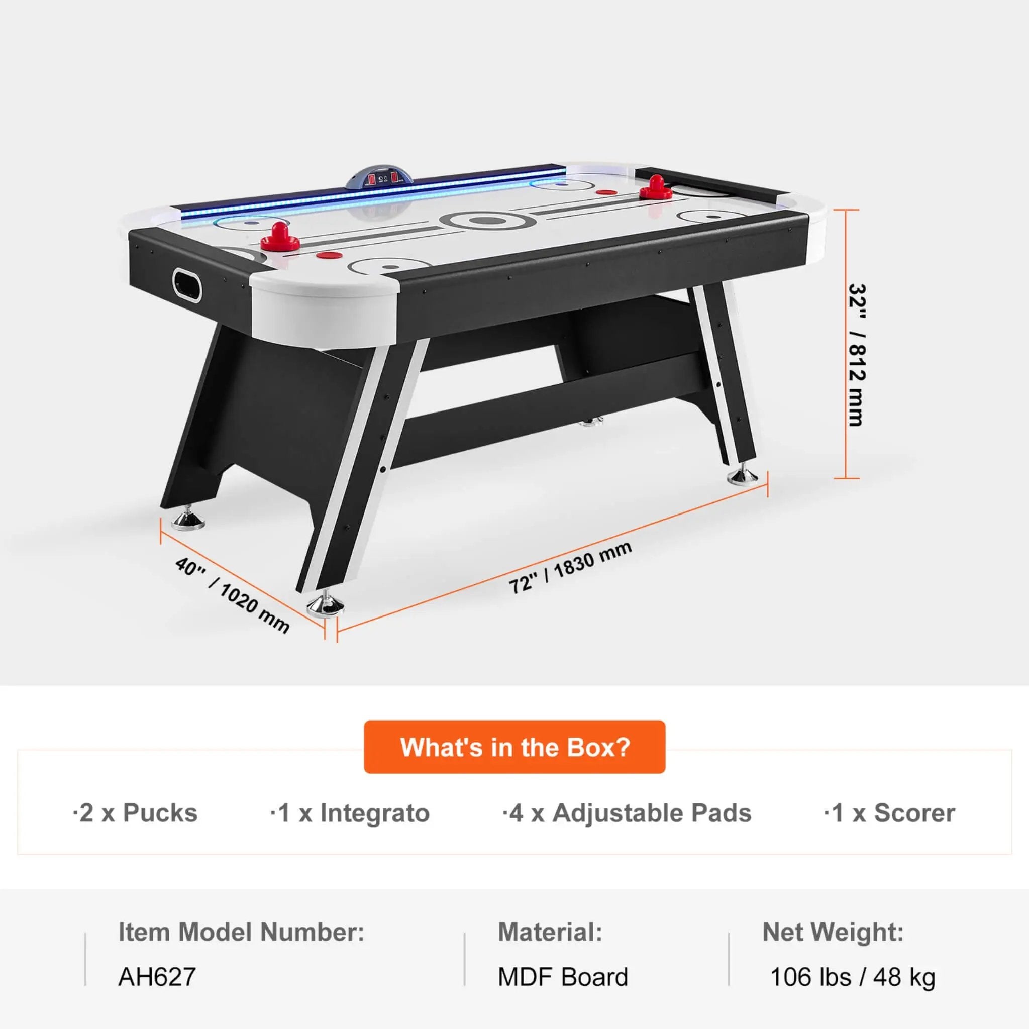 Premium 72-Inch Air Hockey Table With LED Electronic Scorer (SAK82049) by SAKSBY WHOLESALE