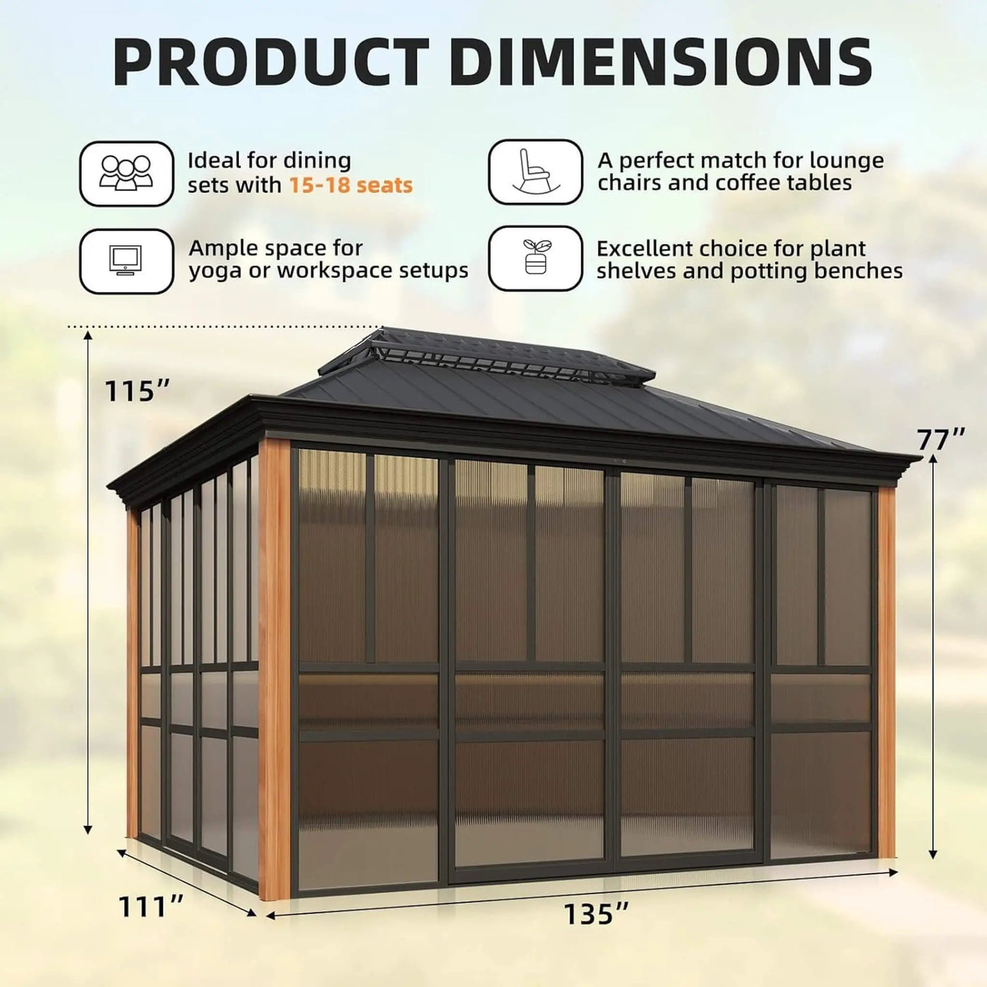 Alora Solstice Premium All-Season Outdoor Wood Grain Sunroom With Sliding Doors And Double Top Roof (SAK58317) by SAKSBY WHOLESALE