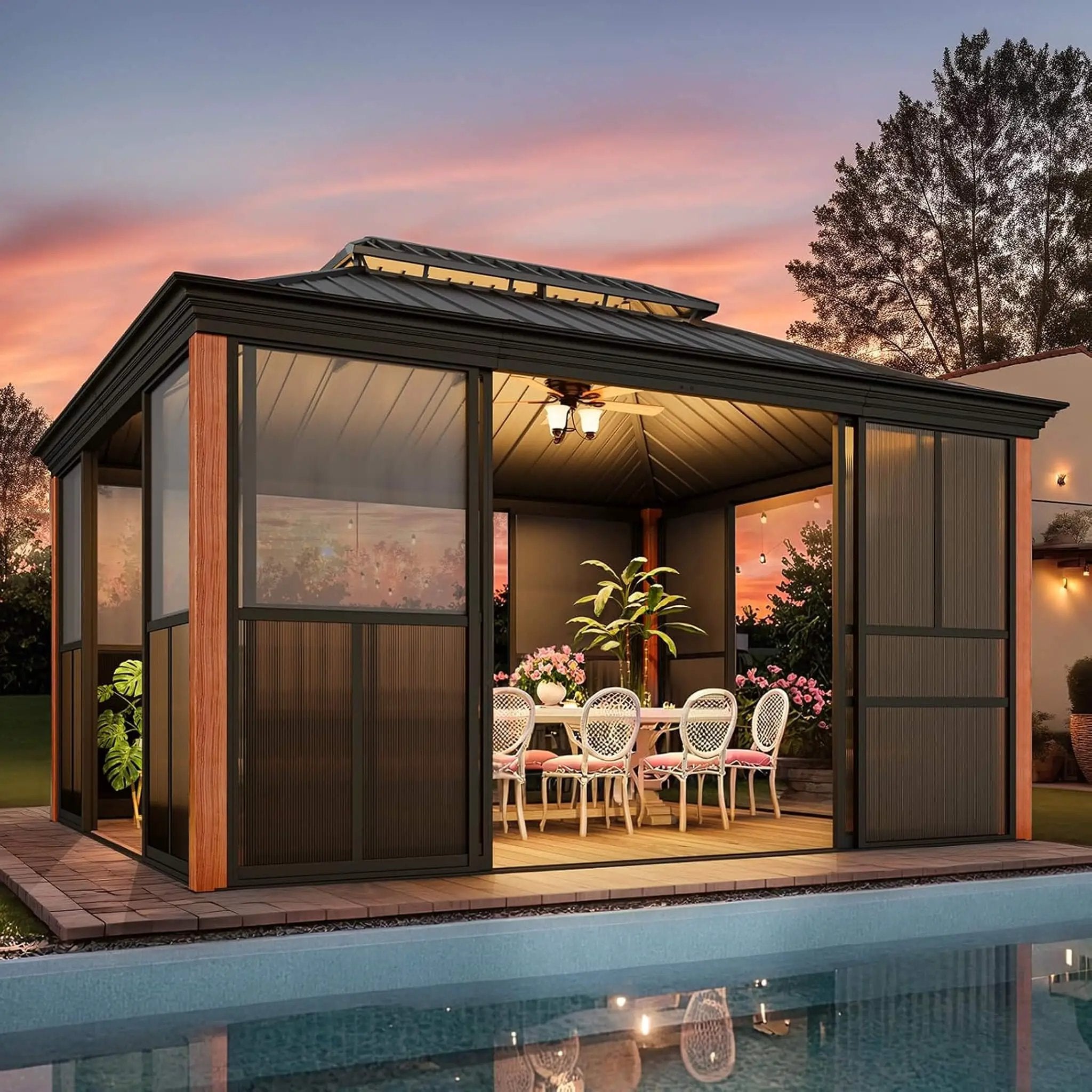 Alora Solstice Premium All-Season Outdoor Wood Grain Sunroom With Sliding Doors And Double Top Roof (SAK58317) by SAKSBY WHOLESALE