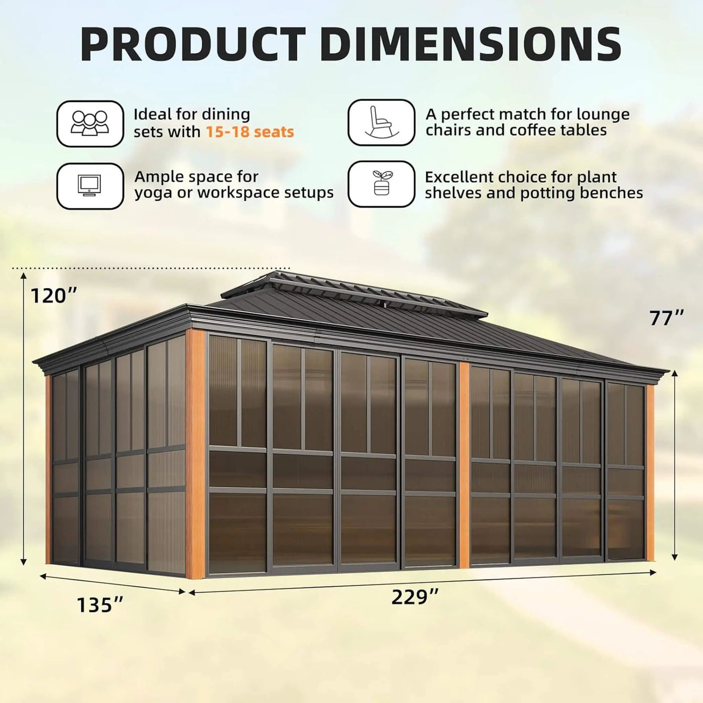 Alora Solstice Premium All-Season Outdoor Wood Grain Sunroom With Sliding Doors And Double Top Roof (SAK58317) by SAKSBY WHOLESALE