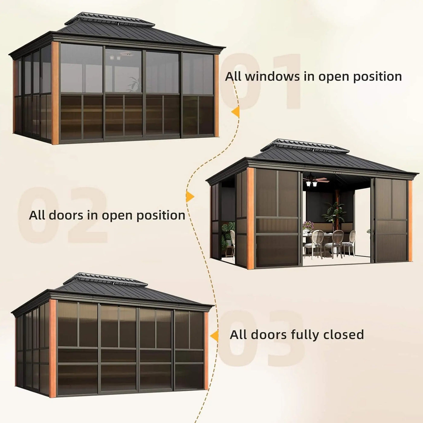 Alora Solstice Premium All-Season Outdoor Wood Grain Sunroom With Sliding Doors And Double Top Roof (SAK58317) by SAKSBY WHOLESALE