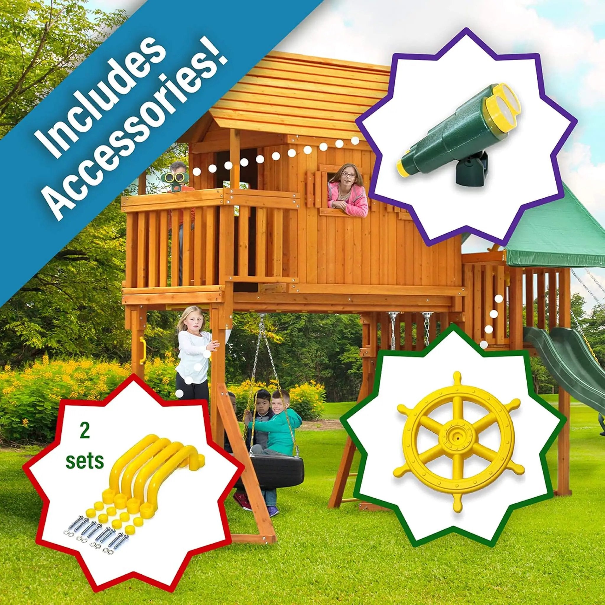 Premium Cedar Wood Tree House Swing Set With Built-In Covered Porch, Chimney, Monkey Bars And Slide (SAK18427) by SAKSBY WHOLESALE