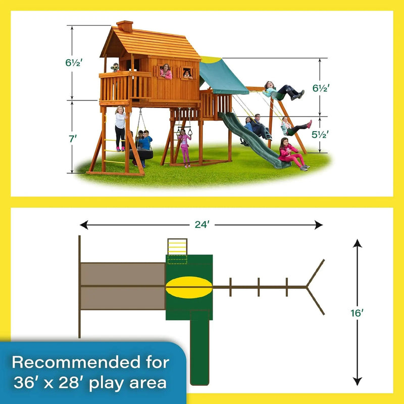 Premium Cedar Wood Tree House Swing Set With Built-In Covered Porch, Chimney, Monkey Bars And Slide (SAK18427) by SAKSBY WHOLESALE