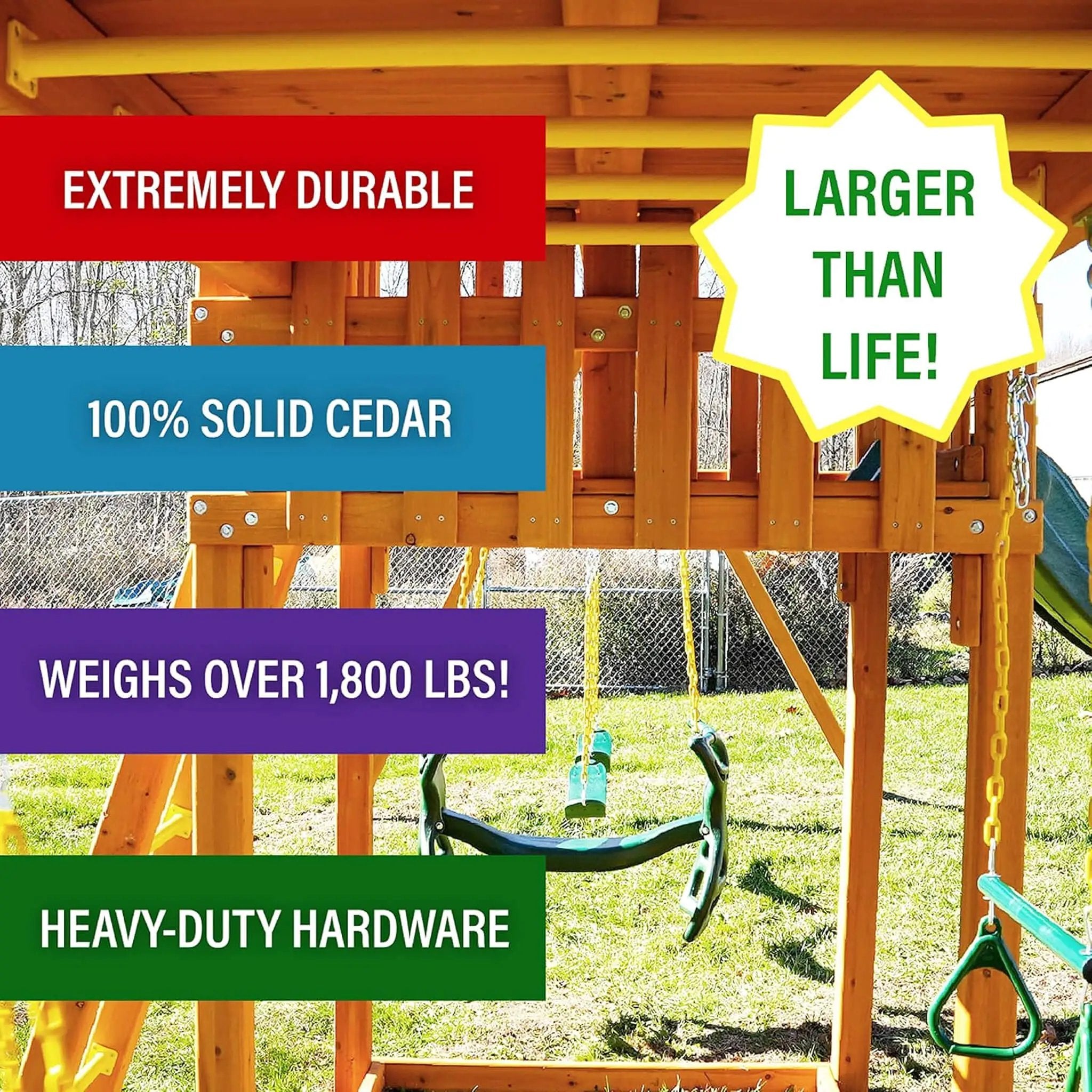 Premium Cedar Wood Tree House Swing Set With Built-In Covered Porch, Chimney, Monkey Bars And Slide (SAK18427) by SAKSBY WHOLESALE